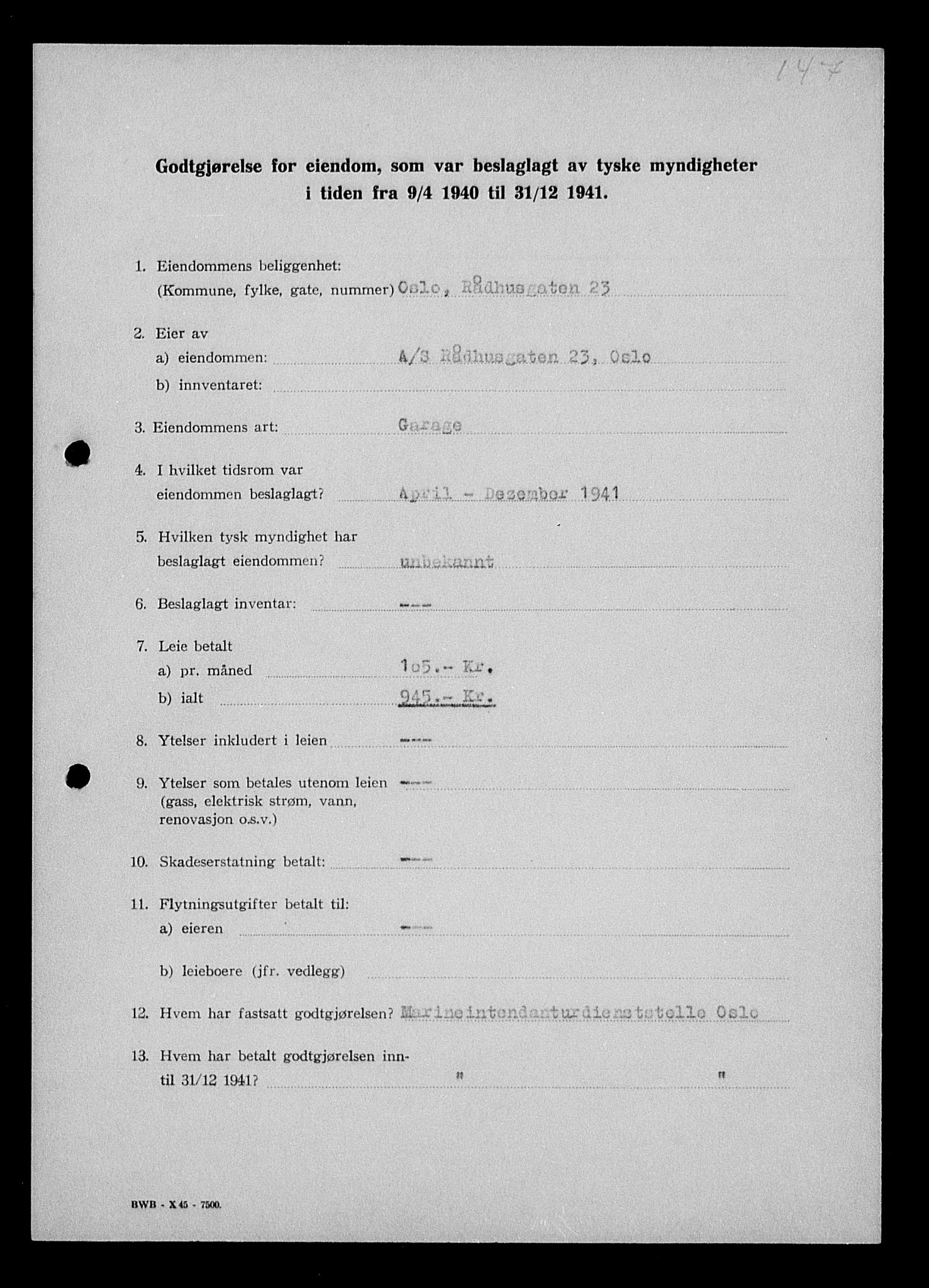 Justisdepartementet, Tilbakeføringskontoret for inndratte formuer, RA/S-1564/I/L1011: Godtgjørelse for beslaglagt eiendom, 1940-1941, p. 519