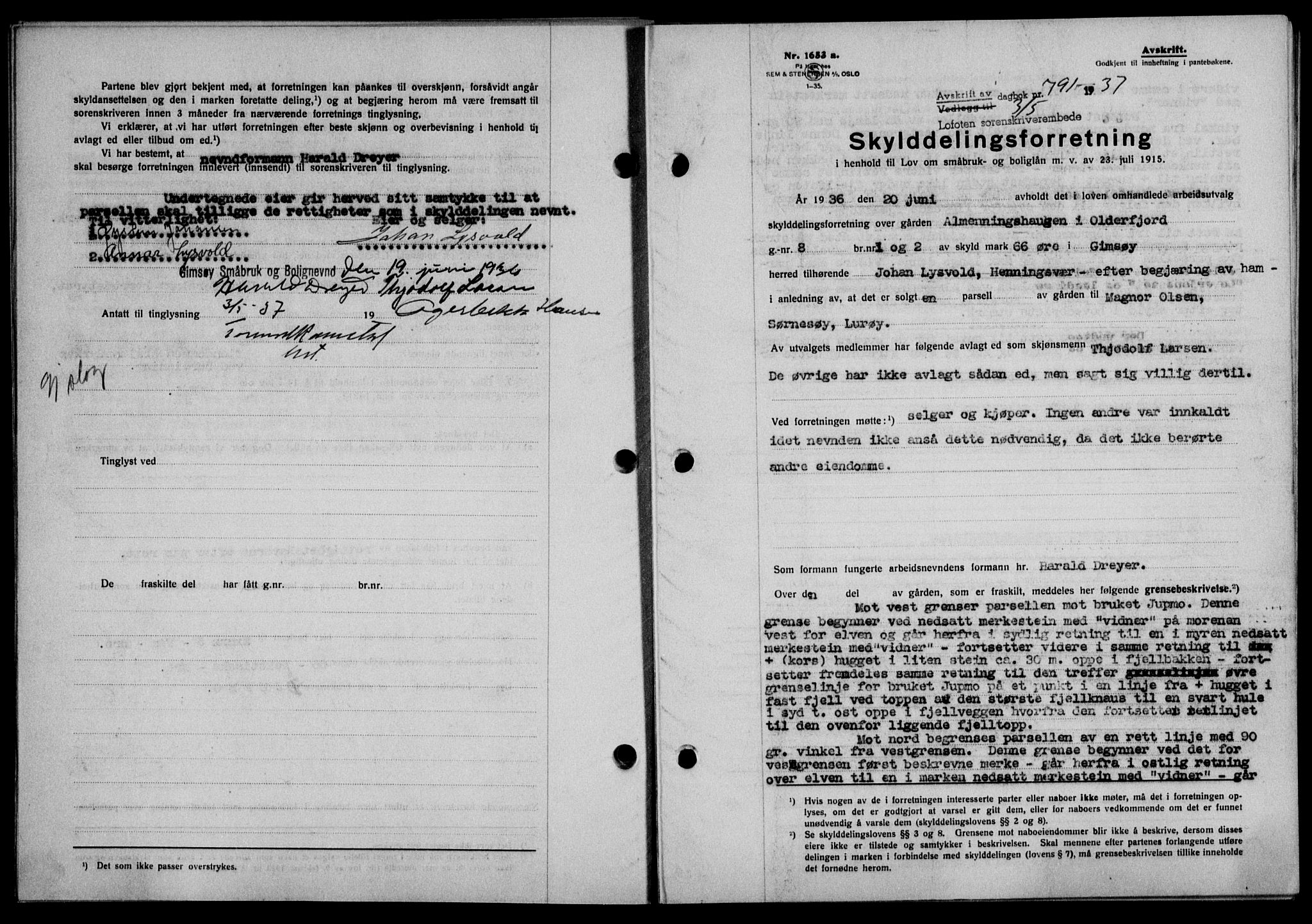 Lofoten sorenskriveri, SAT/A-0017/1/2/2C/L0002a: Mortgage book no. 2a, 1937-1937, Diary no: : 791/1937
