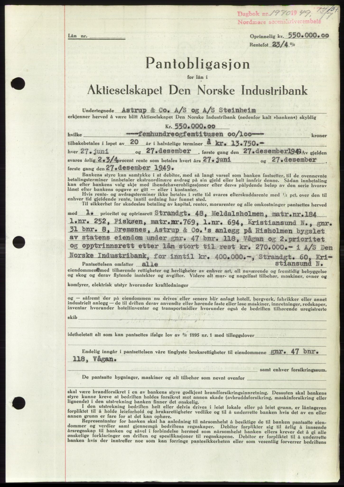 Nordmøre sorenskriveri, AV/SAT-A-4132/1/2/2Ca: Mortgage book no. B102, 1949-1949, Diary no: : 1970/1949