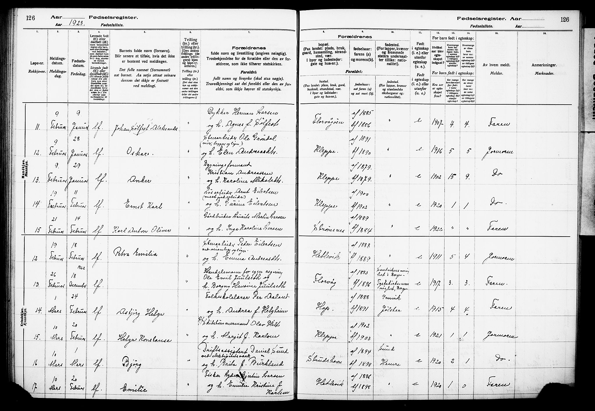 Askøy Sokneprestembete, SAB/A-74101/I/Id/L00A1: Birth register no. A 1, 1916-1928, p. 126