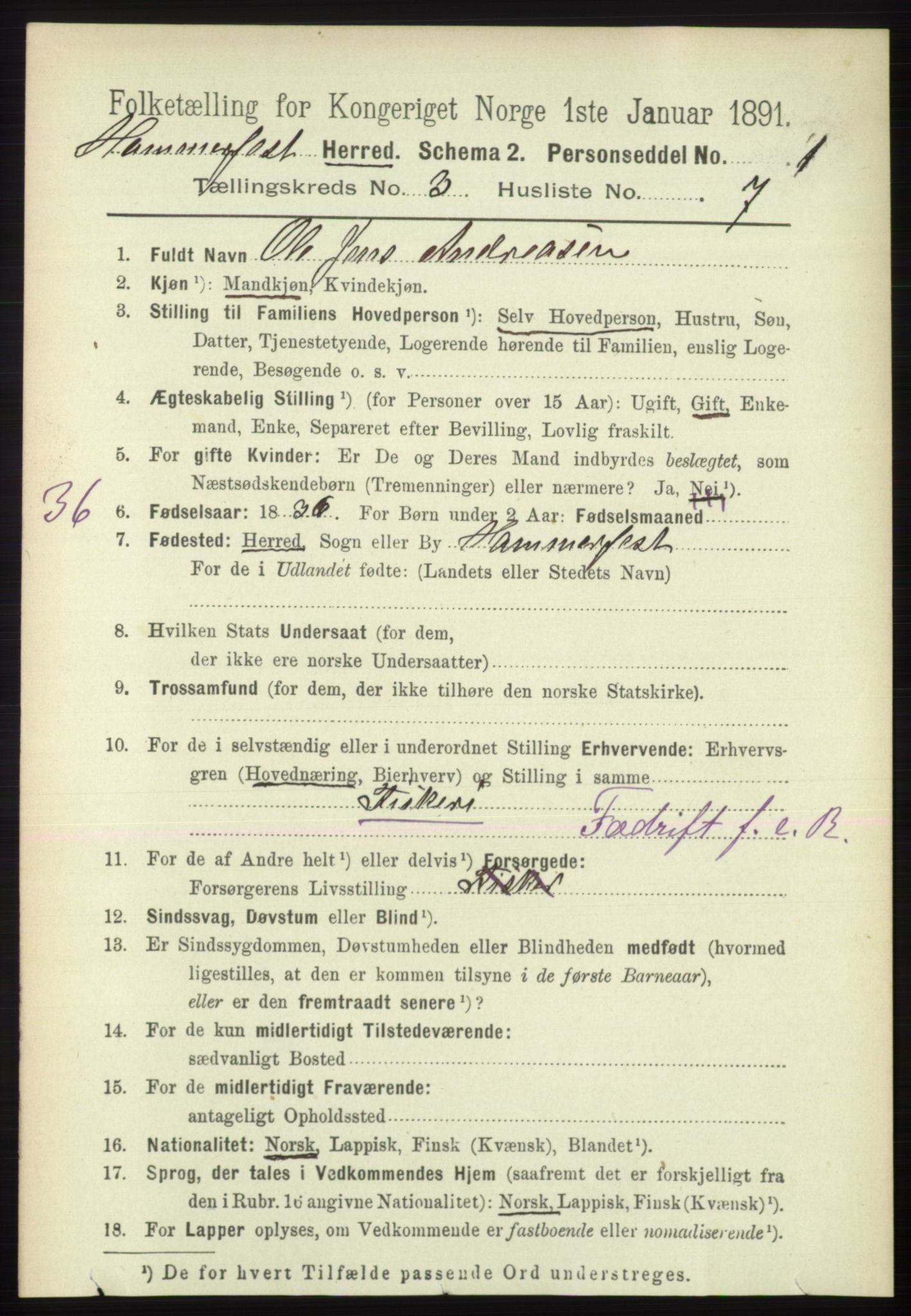 RA, 1891 census for 2016 Hammerfest, 1891, p. 1045