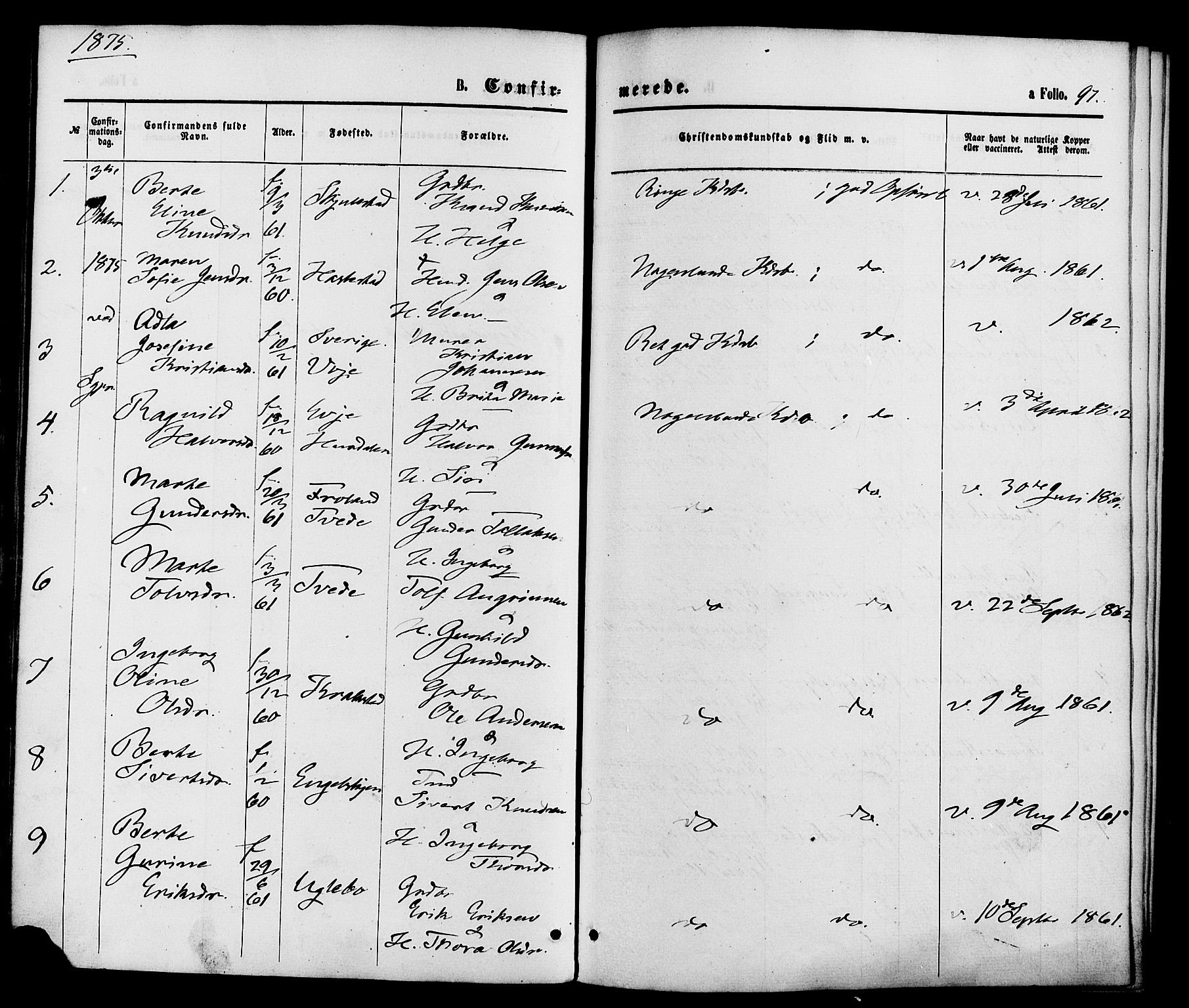 Austre Moland sokneprestkontor, AV/SAK-1111-0001/F/Fa/Faa/L0009: Parish register (official) no. A 9, 1869-1879, p. 97
