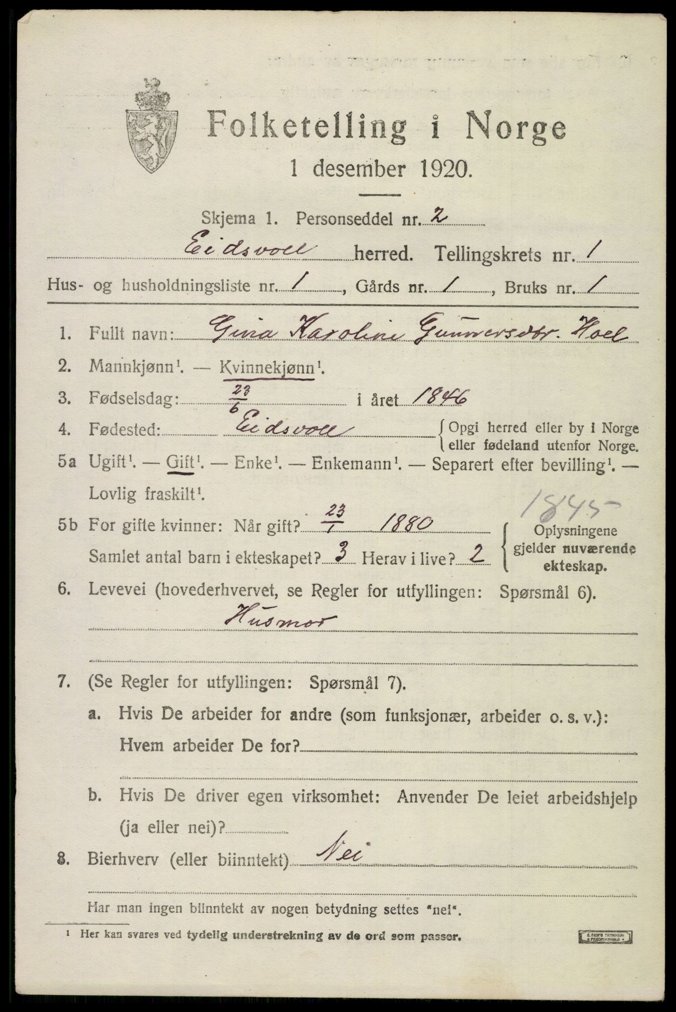 SAO, 1920 census for Eidsvoll, 1920, p. 3545