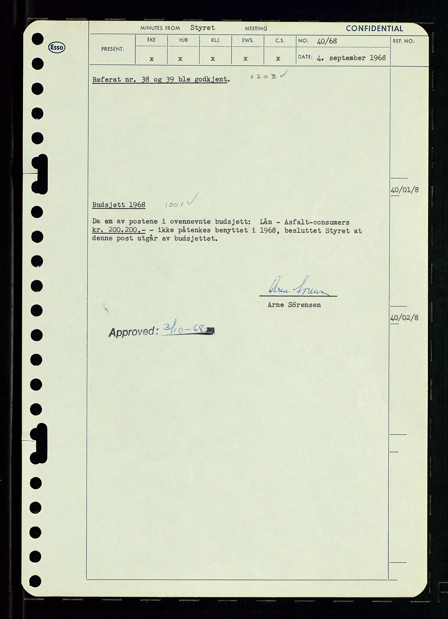 Pa 0982 - Esso Norge A/S, AV/SAST-A-100448/A/Aa/L0002/0004: Den administrerende direksjon Board minutes (styrereferater) / Den administrerende direksjon Board minutes (styrereferater), 1968, p. 62