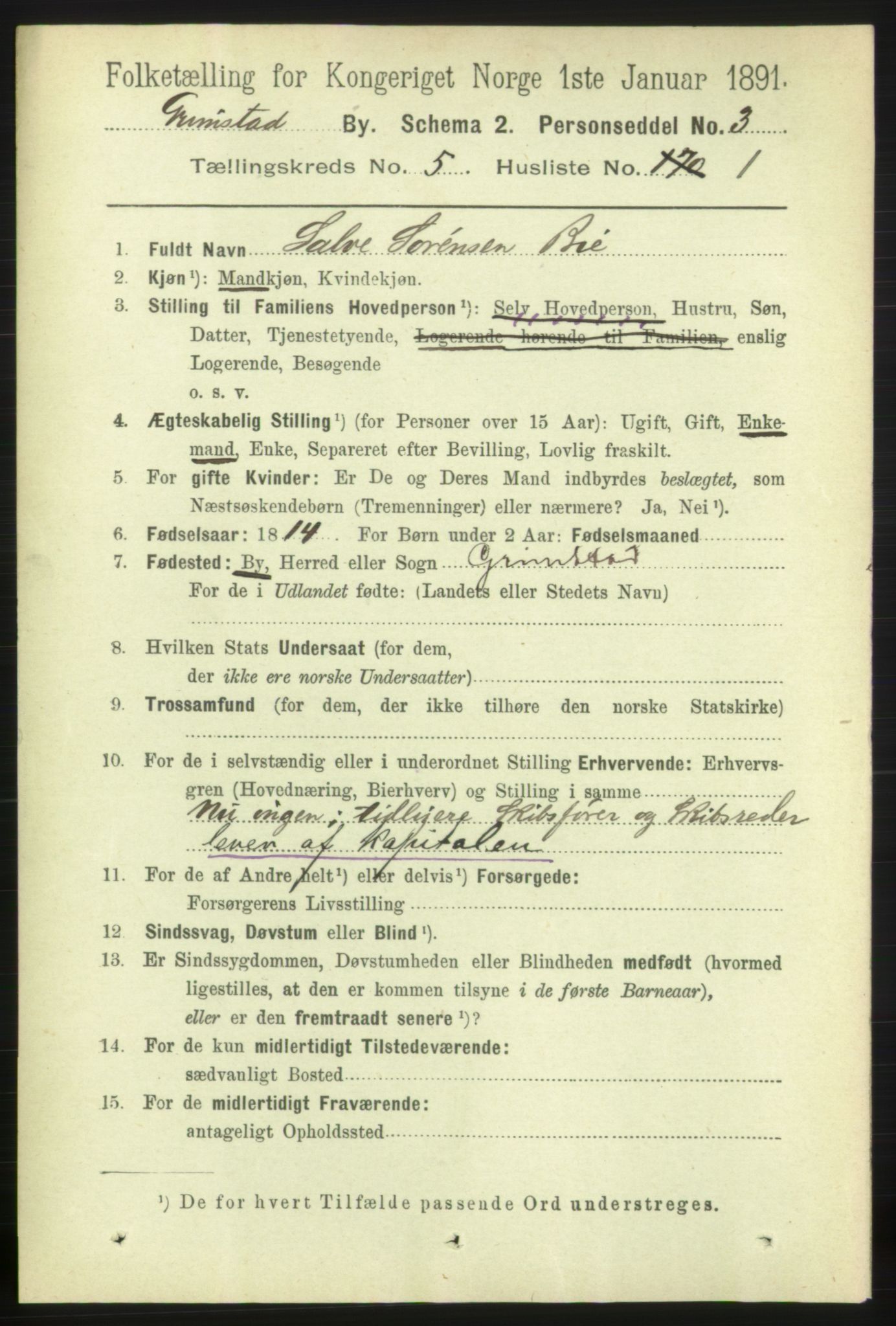 RA, 1891 census for 0904 Grimstad, 1891, p. 3011