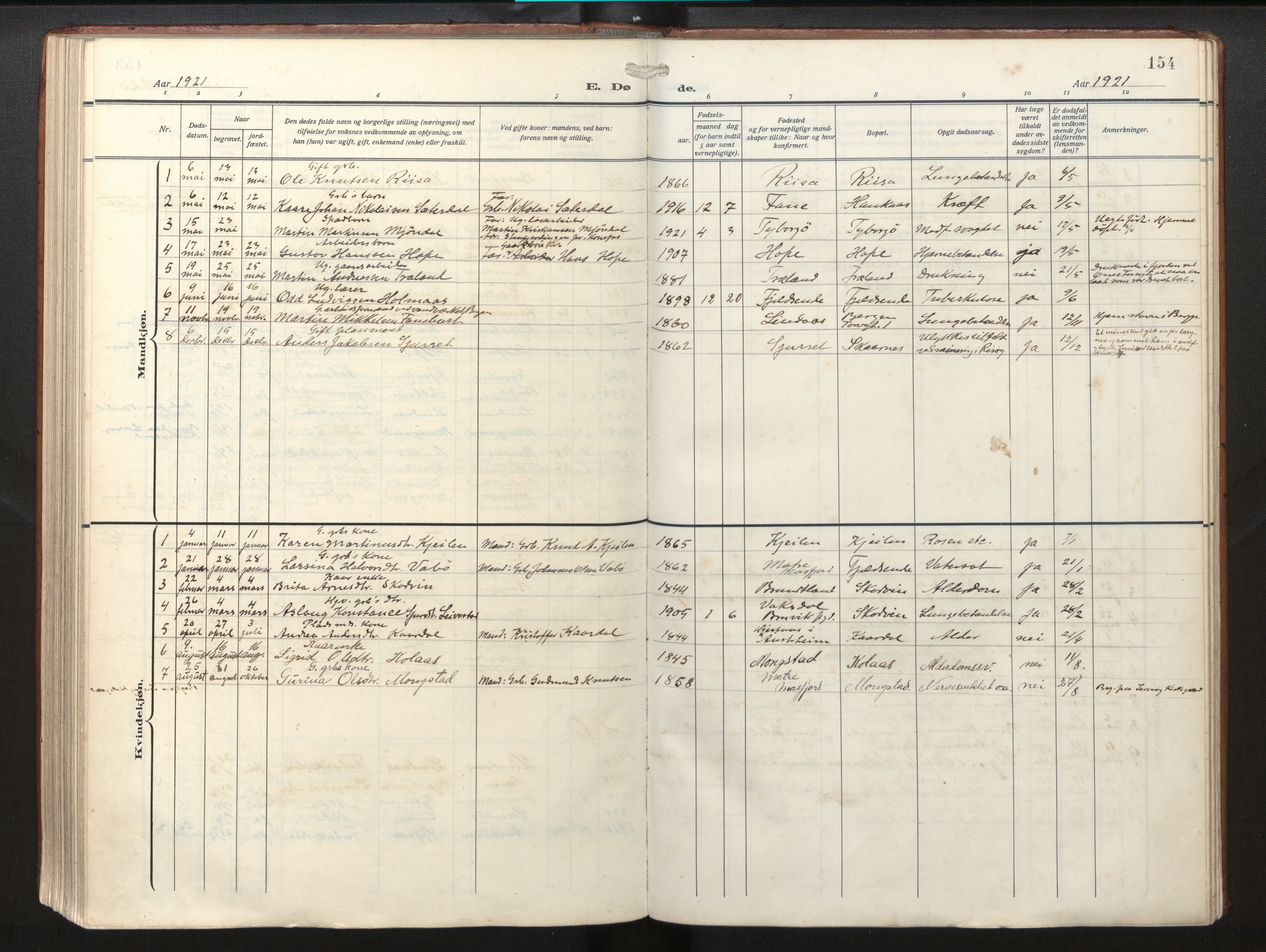 Lindås Sokneprestembete, SAB/A-76701/H/Haa/Haab/L0003: Parish register (official) no. B 3, 1912-1929, p. 154