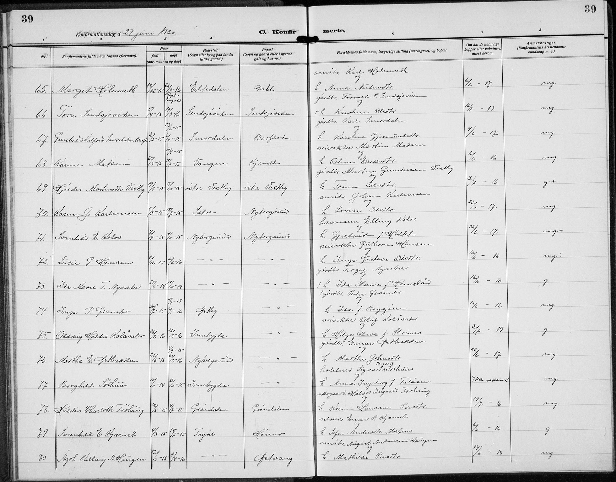 Trysil prestekontor, AV/SAH-PREST-046/H/Ha/Hab/L0010: Parish register (copy) no. 10, 1917-1937, p. 39