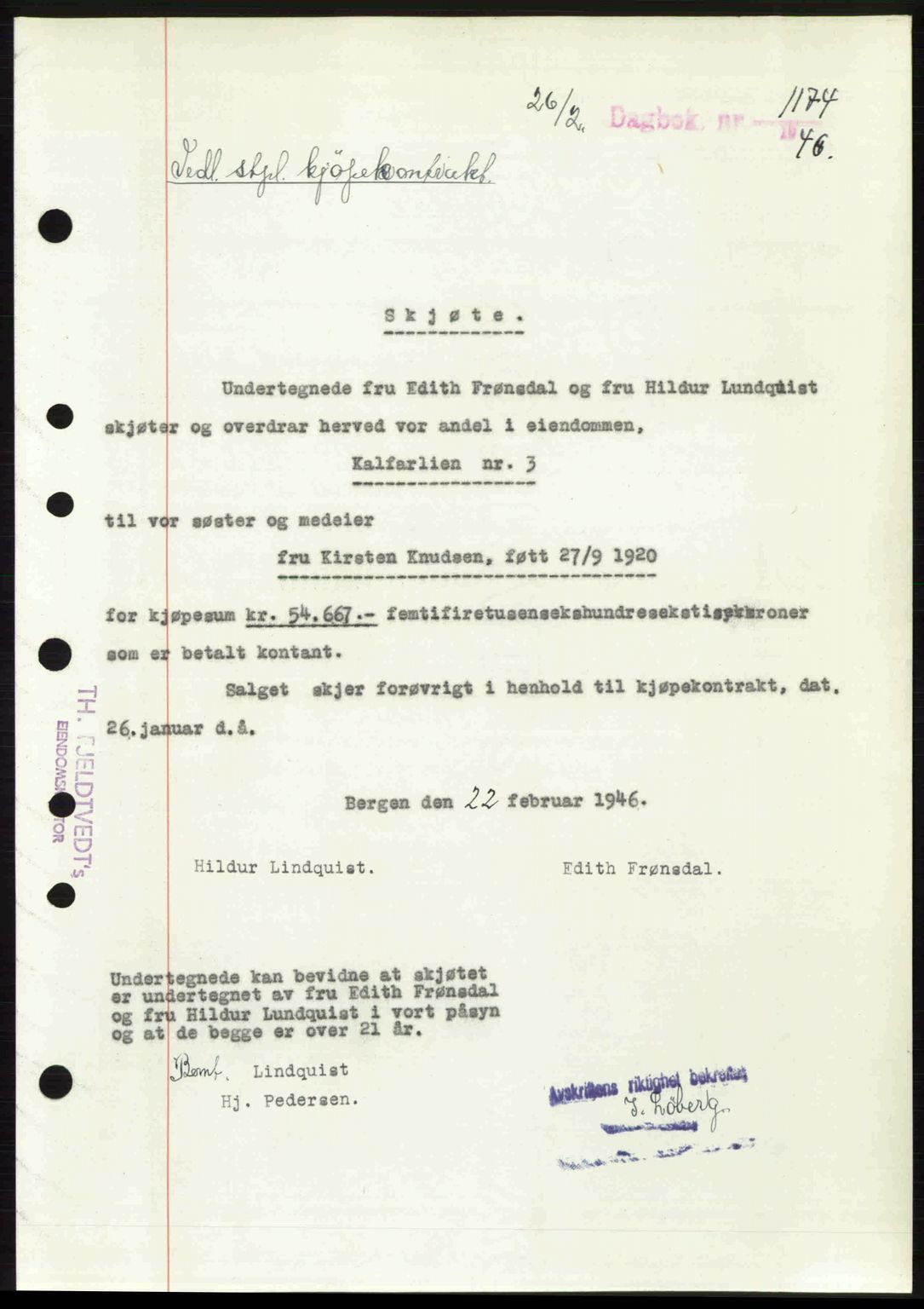 Byfogd og Byskriver i Bergen, SAB/A-3401/03/03Bc/L0022: Mortgage book no. A18, 1946-1946, Diary no: : 1174/1946