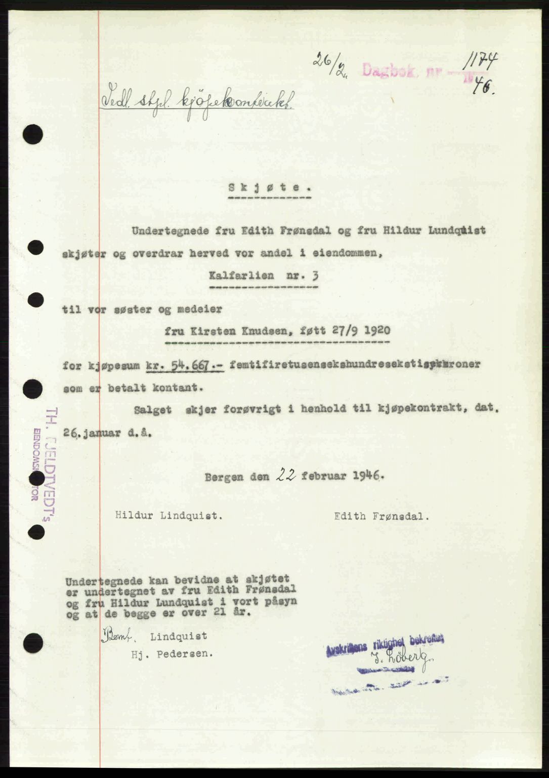 Byfogd og Byskriver i Bergen, AV/SAB-A-3401/03/03Bc/L0022: Mortgage book no. A18, 1946-1946, Diary no: : 1174/1946