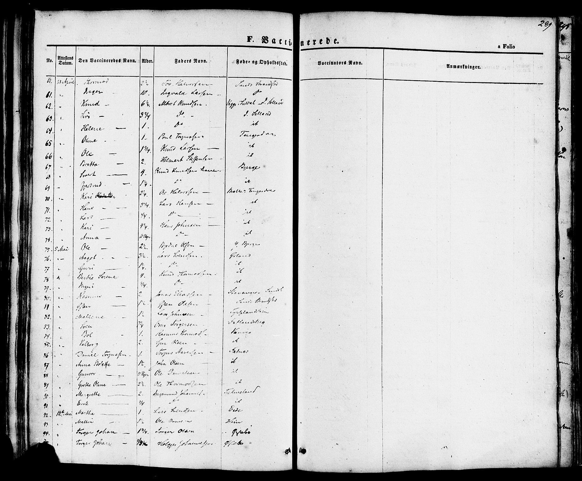 Sand sokneprestkontor, AV/SAST-A-101848/01/III/L0003: Parish register (official) no. A 3, 1854-1879, p. 289