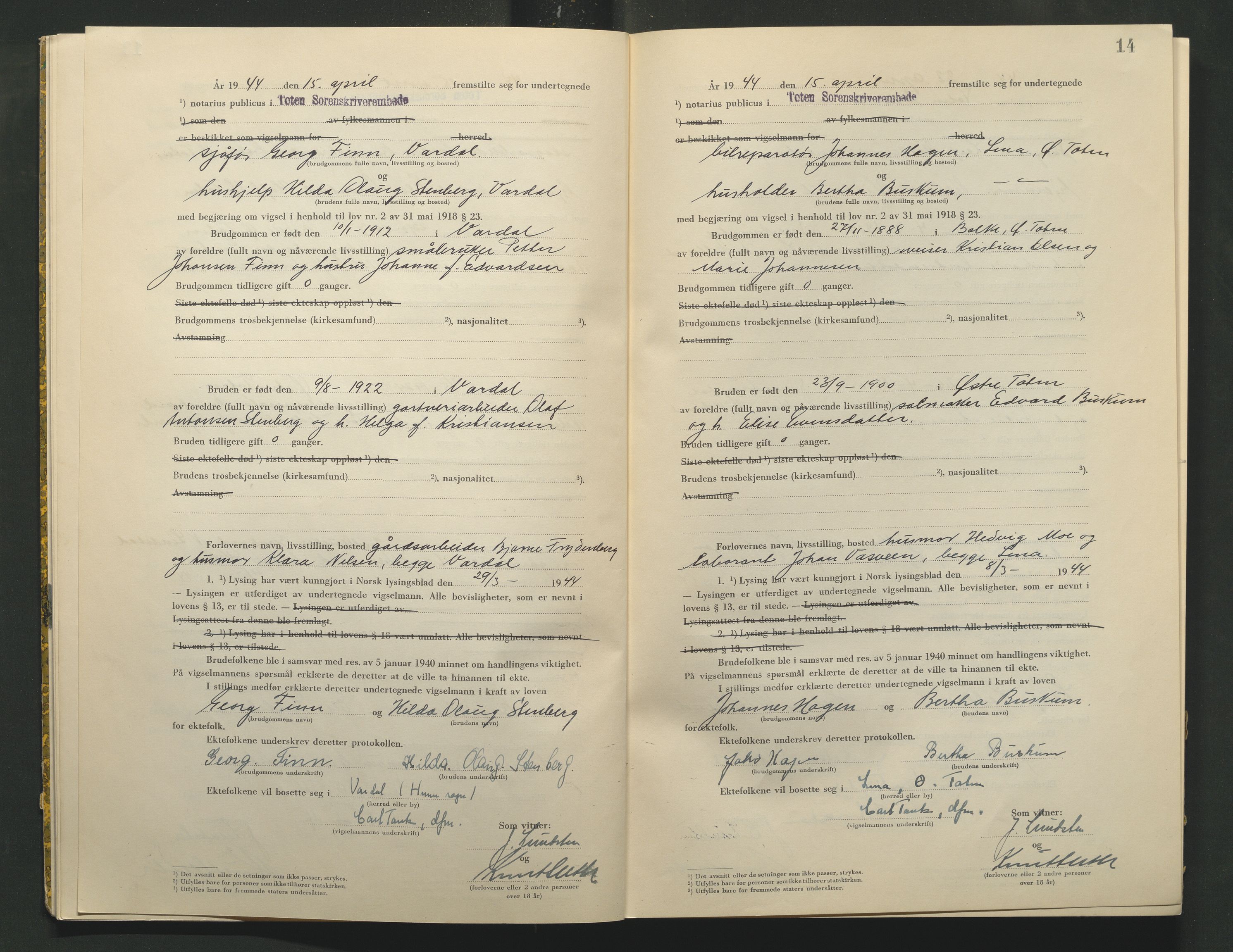 Toten tingrett, AV/SAH-TING-006/L/Lc/L0004: Vigselbok, 1944, p. 14