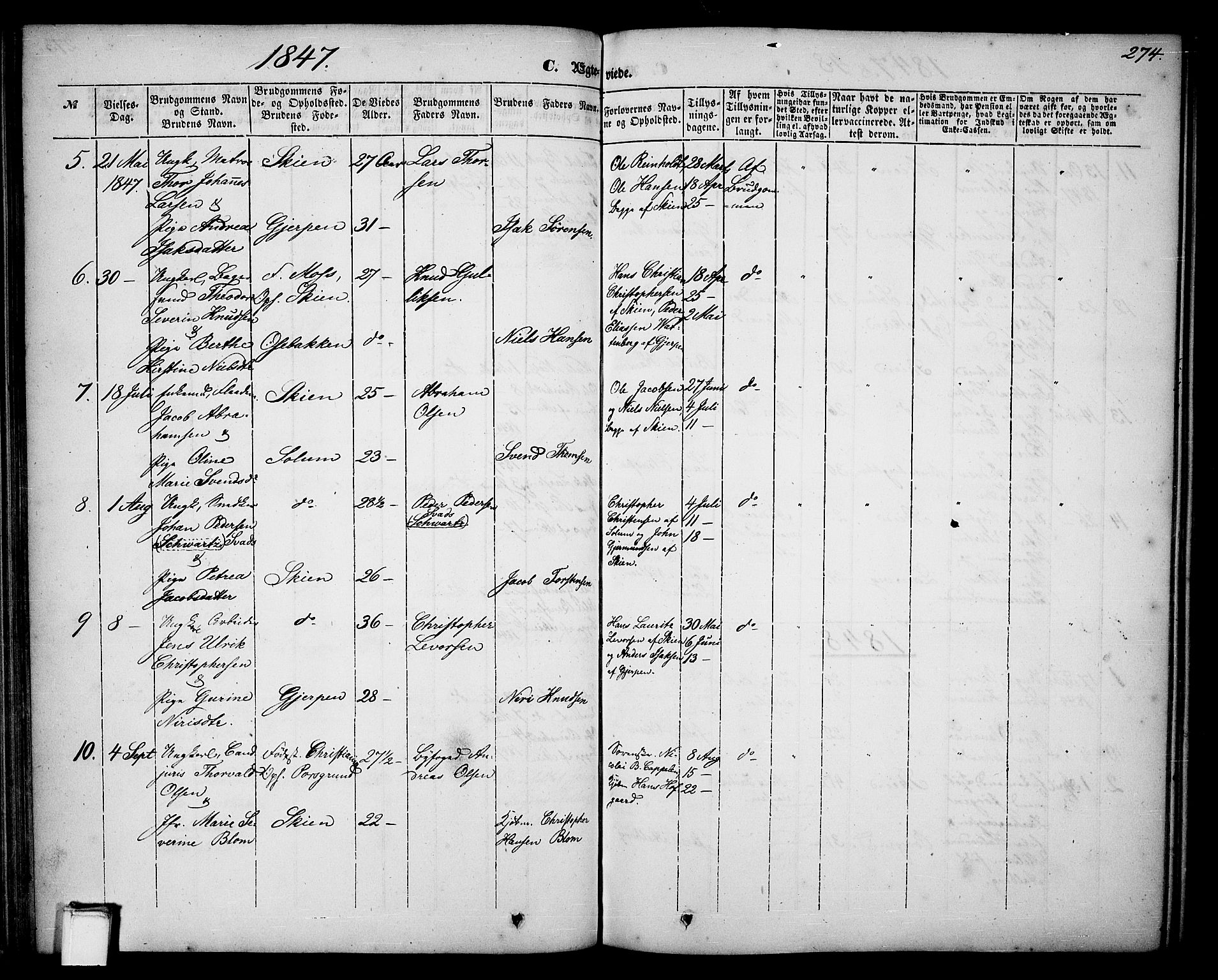 Skien kirkebøker, SAKO/A-302/G/Ga/L0004: Parish register (copy) no. 4, 1843-1867, p. 274