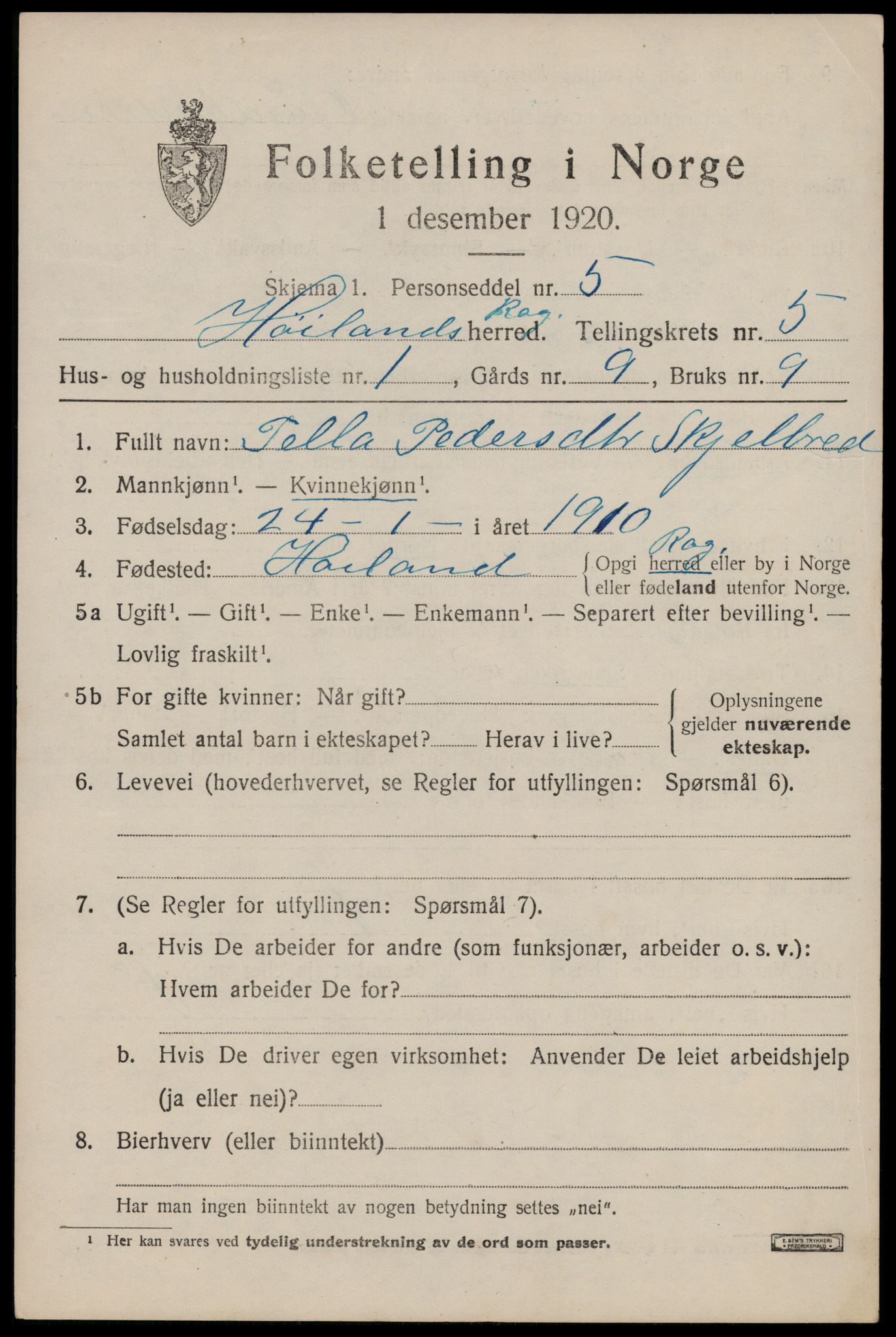 SAST, 1920 census for Høyland, 1920, p. 3728