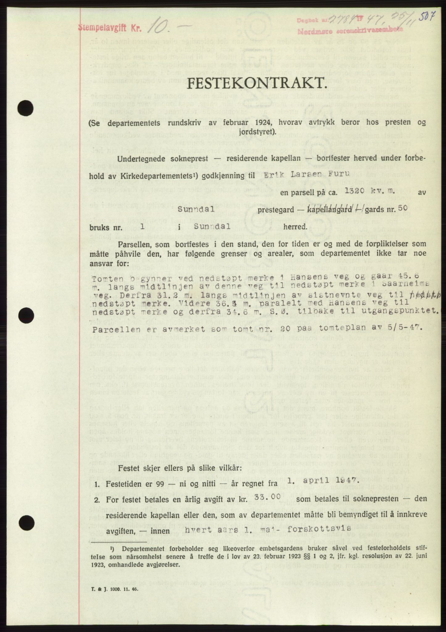 Nordmøre sorenskriveri, AV/SAT-A-4132/1/2/2Ca: Mortgage book no. B97, 1947-1948, Diary no: : 2784/1947