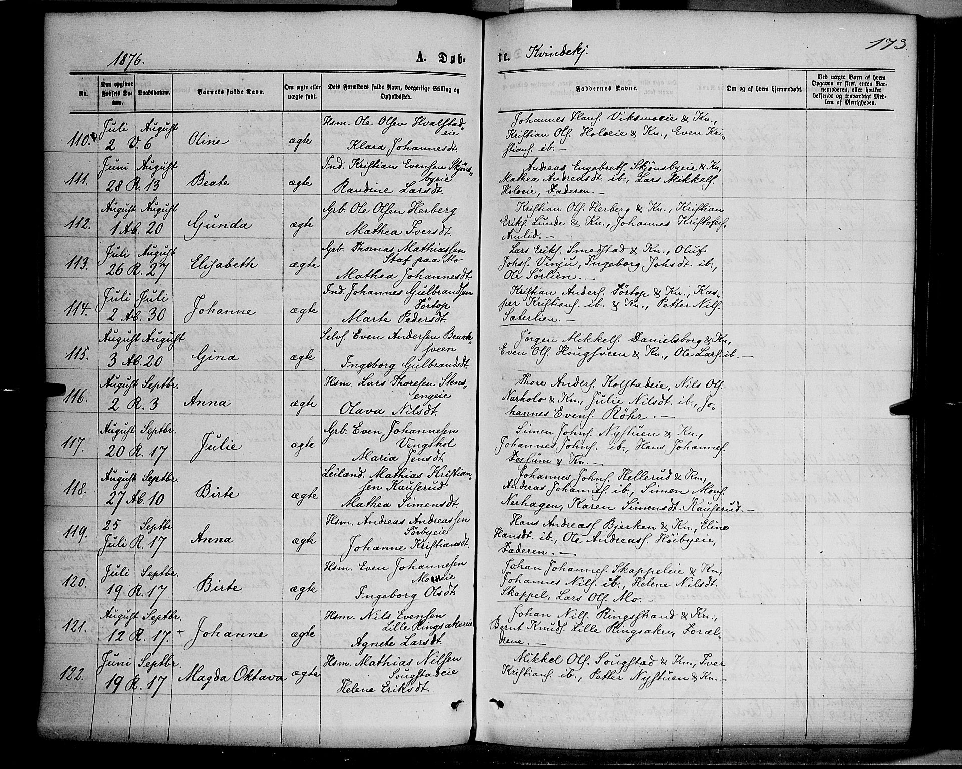 Ringsaker prestekontor, SAH/PREST-014/K/Ka/L0011: Parish register (official) no. 11, 1870-1878, p. 173