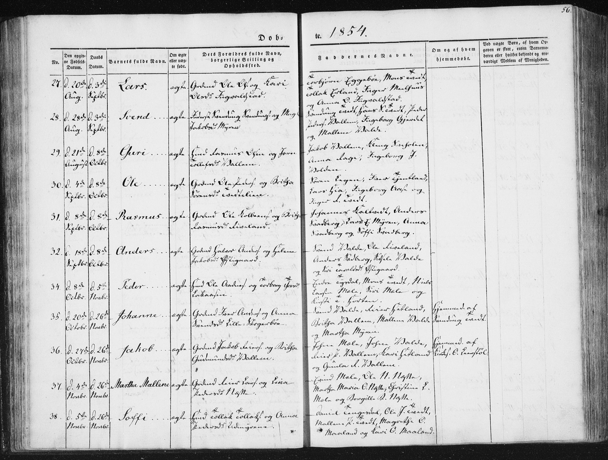 Hjelmeland sokneprestkontor, AV/SAST-A-101843/01/IV/L0008: Parish register (official) no. A 8, 1842-1861, p. 56