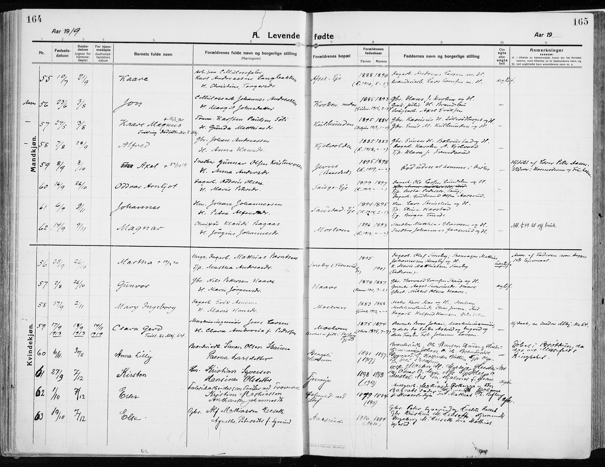 Ringsaker prestekontor, AV/SAH-PREST-014/K/Ka/L0020: Parish register (official) no. 20, 1913-1922, p. 164-165