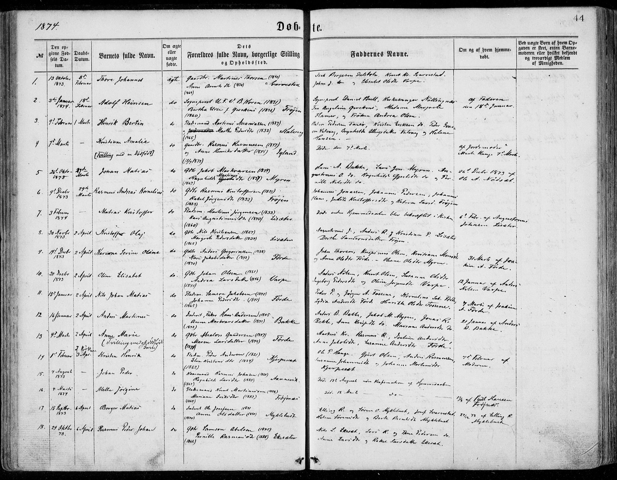 Bremanger sokneprestembete, AV/SAB-A-82201/H/Haa/Haaa/L0001: Parish register (official) no. A  1, 1864-1883, p. 44