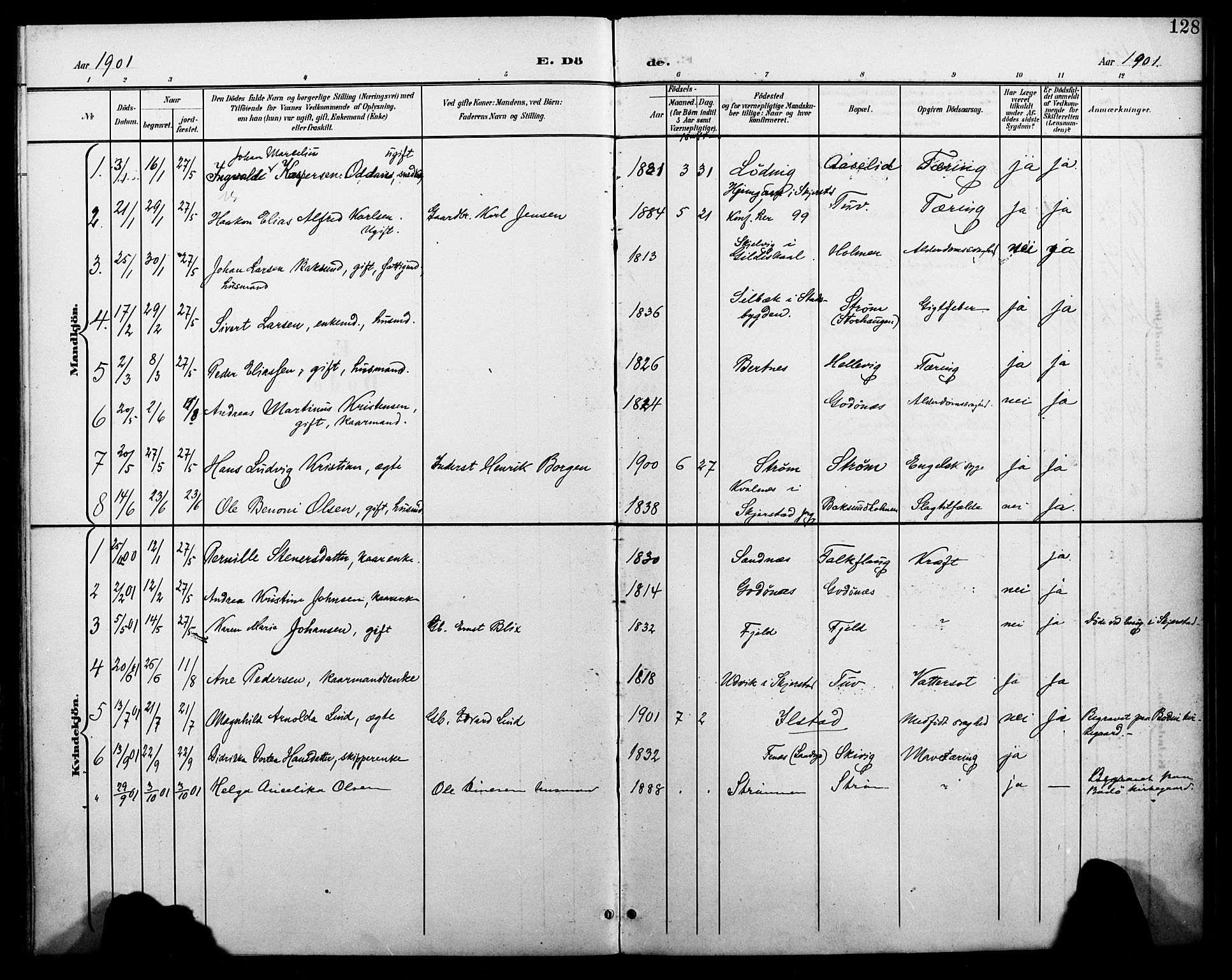 Ministerialprotokoller, klokkerbøker og fødselsregistre - Nordland, SAT/A-1459/804/L0088: Parish register (copy) no. 804C01, 1901-1917, p. 128