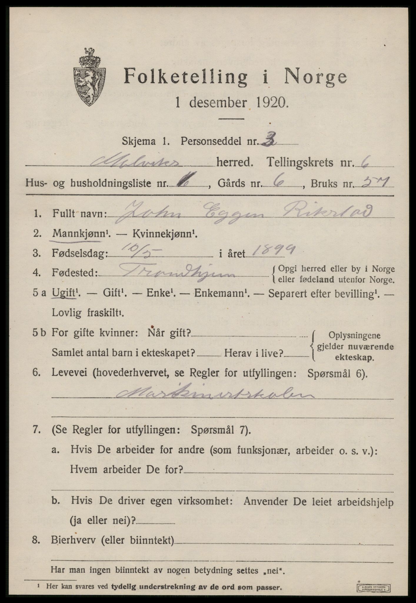 SAT, 1920 census for Malvik, 1920, p. 5328