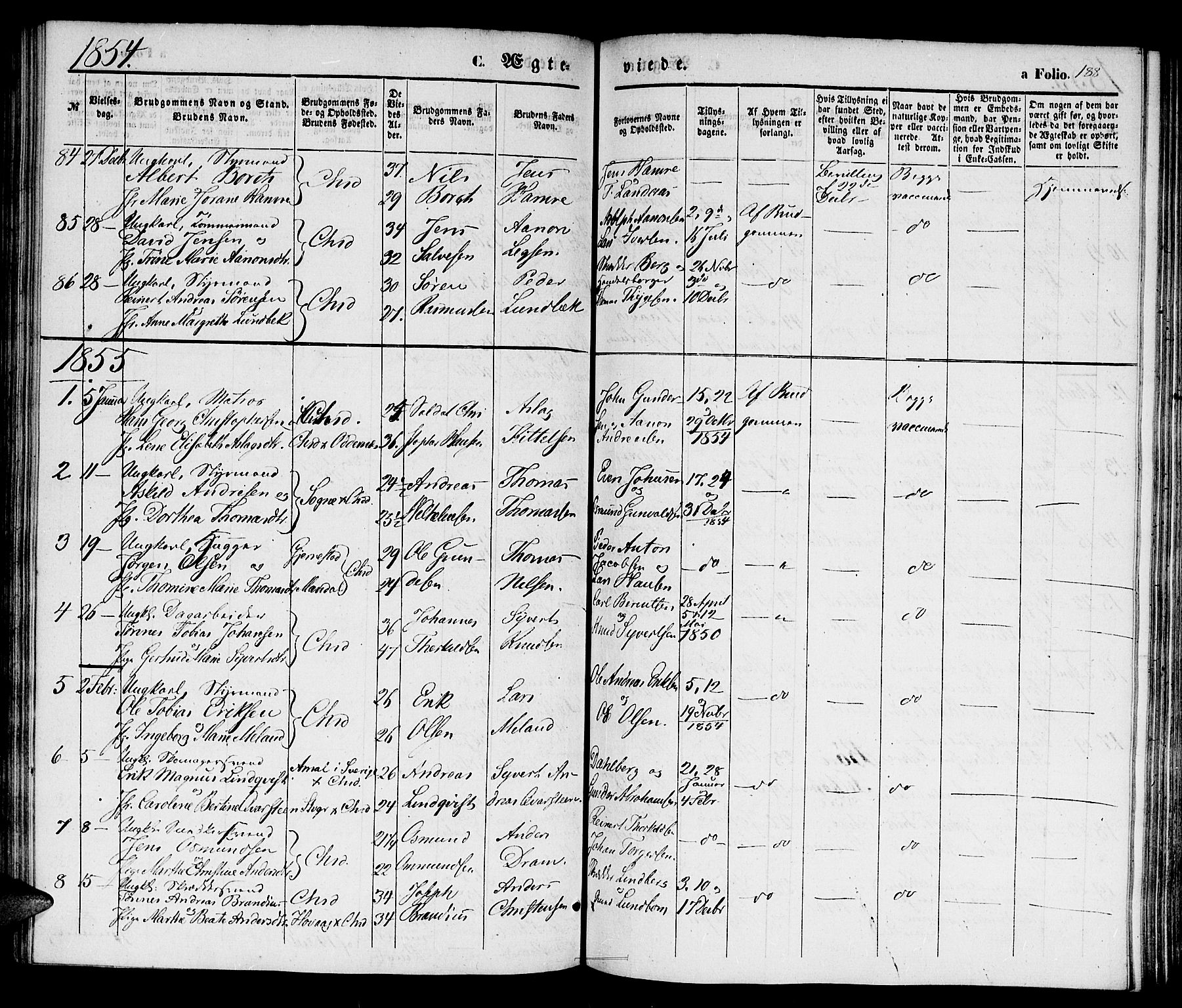 Kristiansand domprosti, SAK/1112-0006/F/Fb/L0011: Parish register (copy) no. B 11, 1851-1861, p. 188