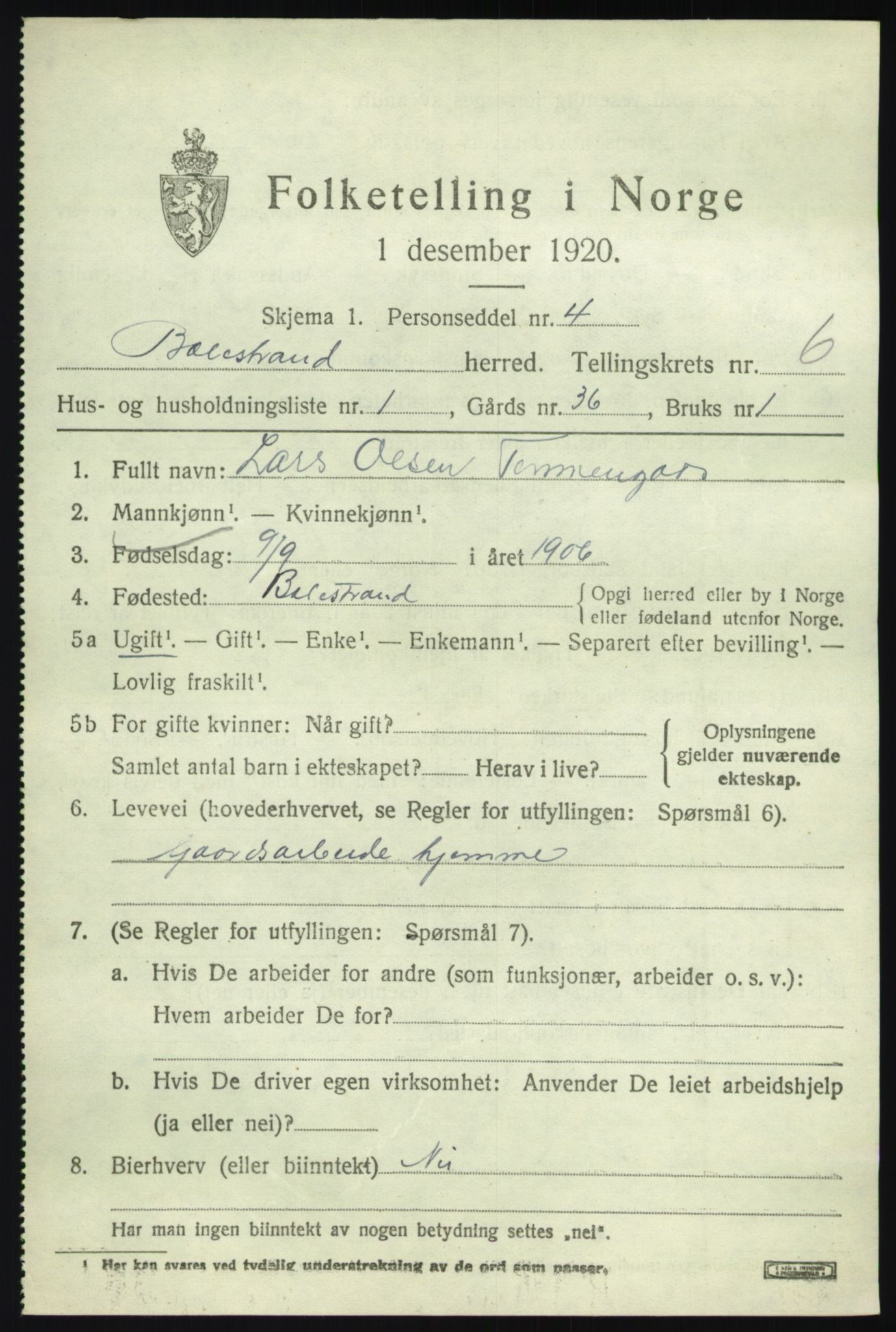 SAB, 1920 census for Balestrand, 1920, p. 2864