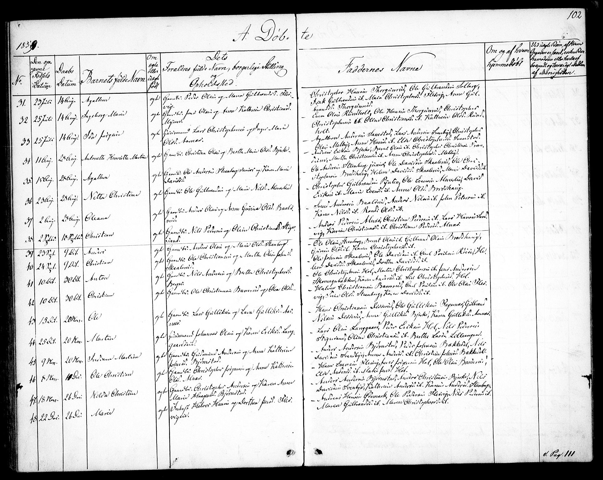 Hurdal prestekontor Kirkebøker, SAO/A-10889/F/Fb/L0001: Parish register (official) no. II 1, 1846-1859, p. 102