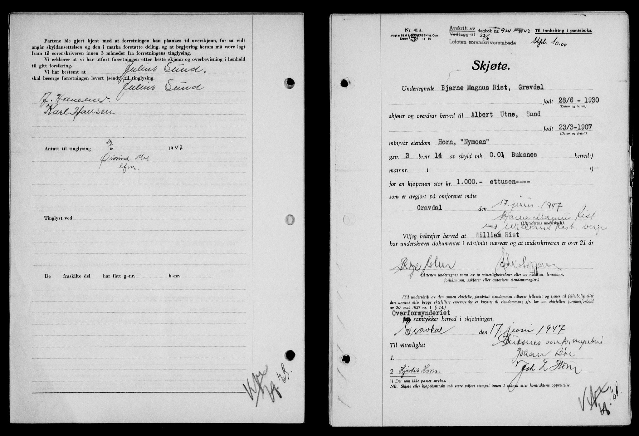 Lofoten sorenskriveri, SAT/A-0017/1/2/2C/L0016a: Mortgage book no. 16a, 1947-1947, Diary no: : 974/1947