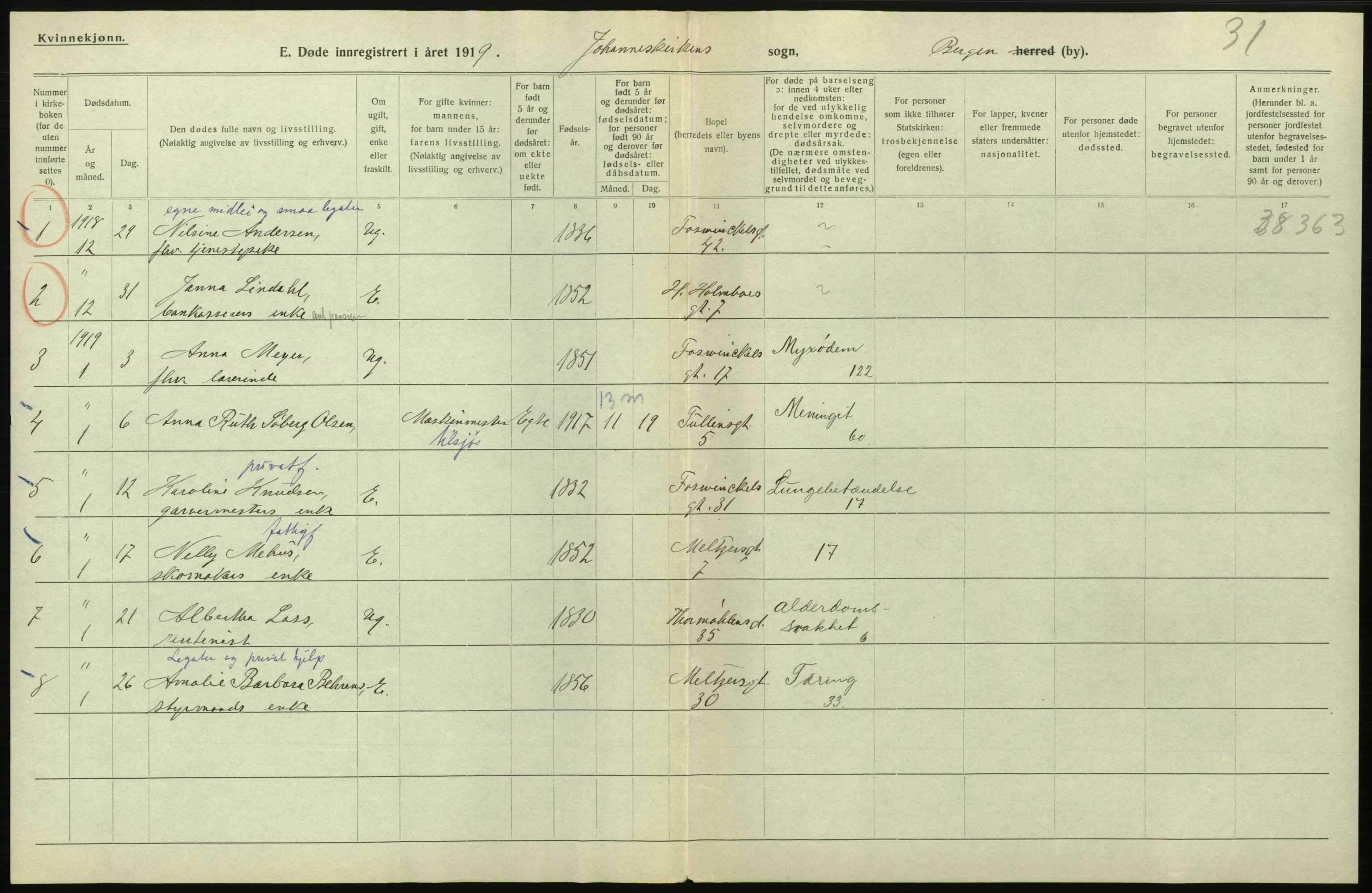 Statistisk sentralbyrå, Sosiodemografiske emner, Befolkning, AV/RA-S-2228/D/Df/Dfb/Dfbi/L0035: Bergen: Gifte, døde, dødfødte., 1919, p. 592