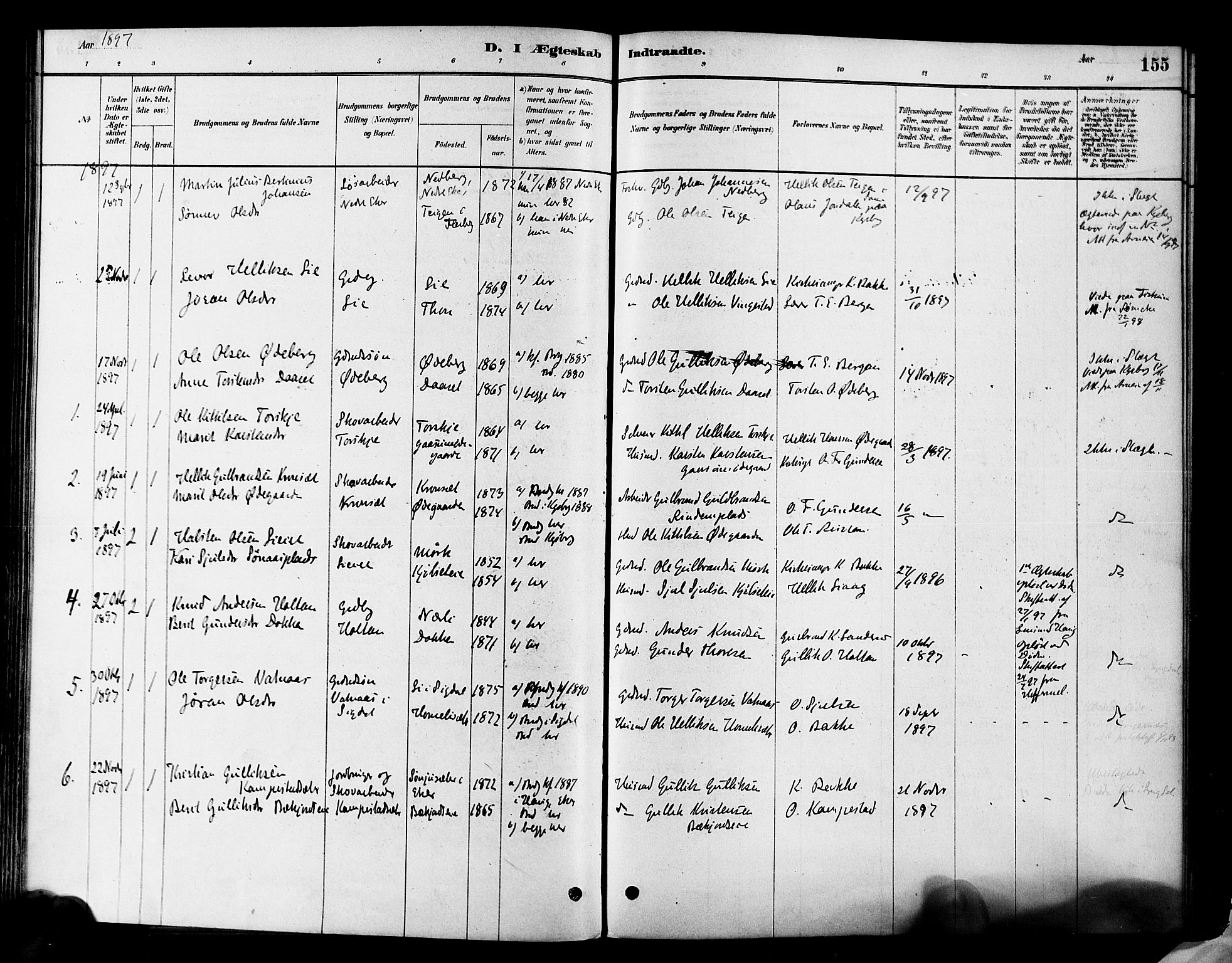 Flesberg kirkebøker, AV/SAKO-A-18/F/Fa/L0008: Parish register (official) no. I 8, 1879-1899, p. 155