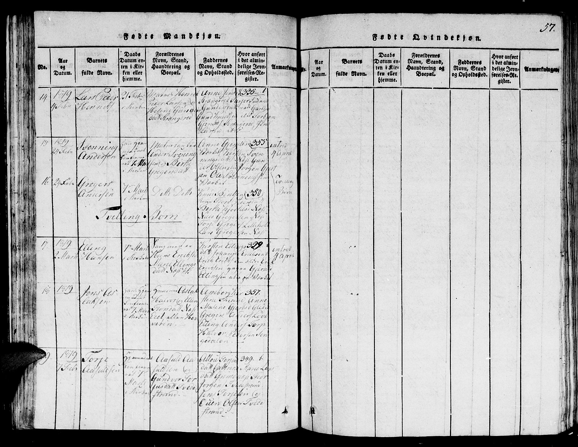 Holt sokneprestkontor, AV/SAK-1111-0021/F/Fb/L0006: Parish register (copy) no. B 6, 1813-1823, p. 57