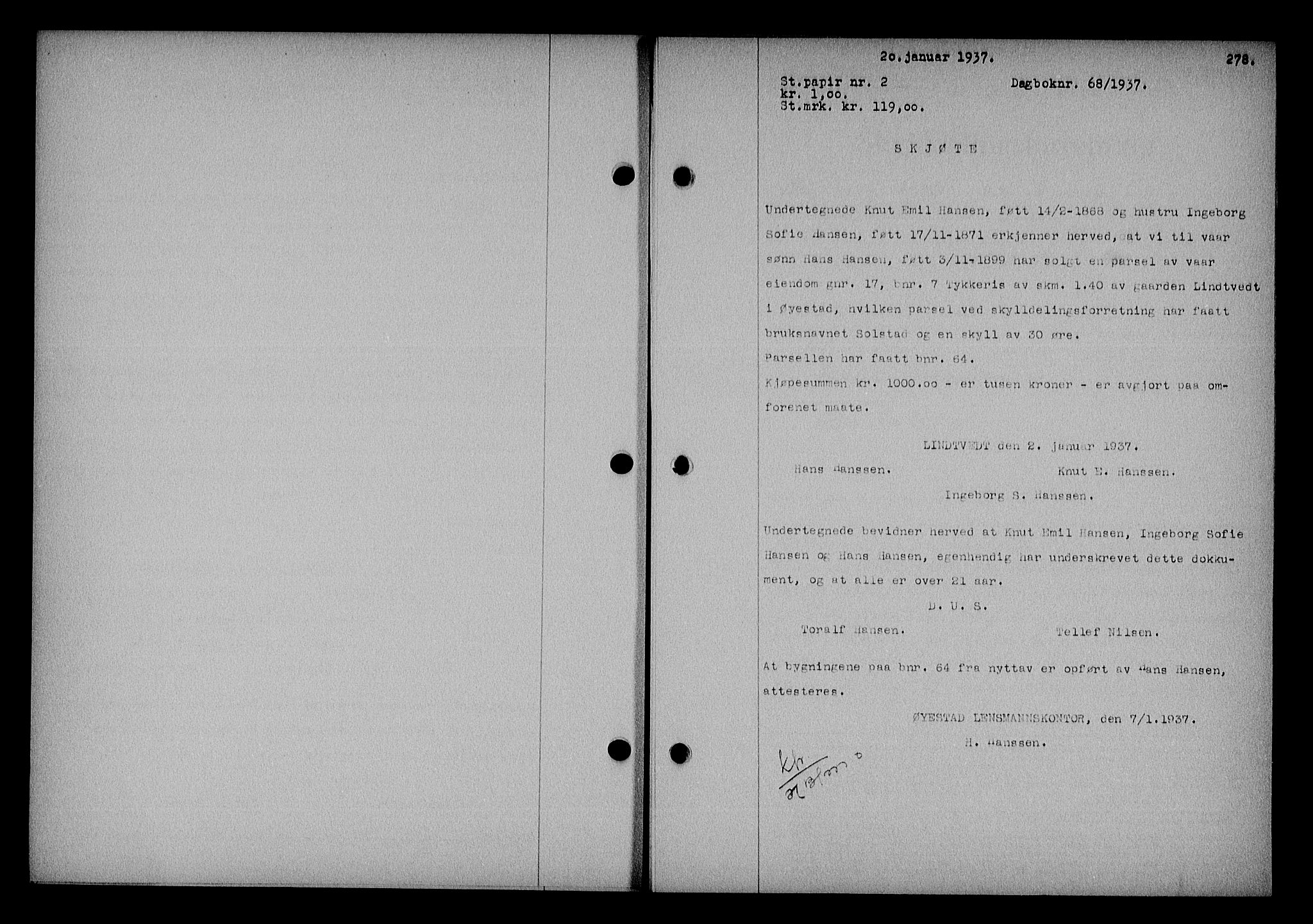 Nedenes sorenskriveri, SAK/1221-0006/G/Gb/Gba/L0043: Mortgage book no. 39, 1936-1937, Diary no: : 68/1937