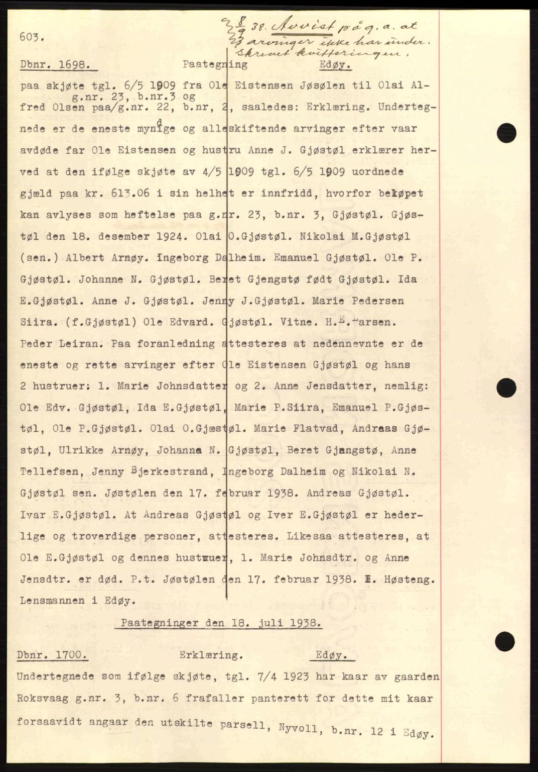 Nordmøre sorenskriveri, AV/SAT-A-4132/1/2/2Ca: Mortgage book no. C80, 1936-1939, Diary no: : 1698/1938