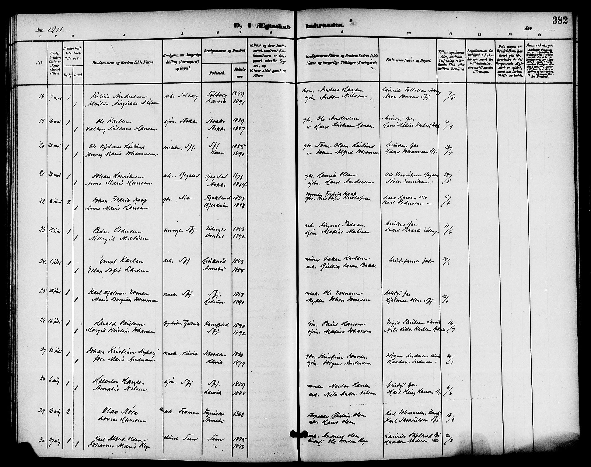 Sandar kirkebøker, AV/SAKO-A-243/G/Ga/L0002: Parish register (copy) no. 2, 1900-1915, p. 382