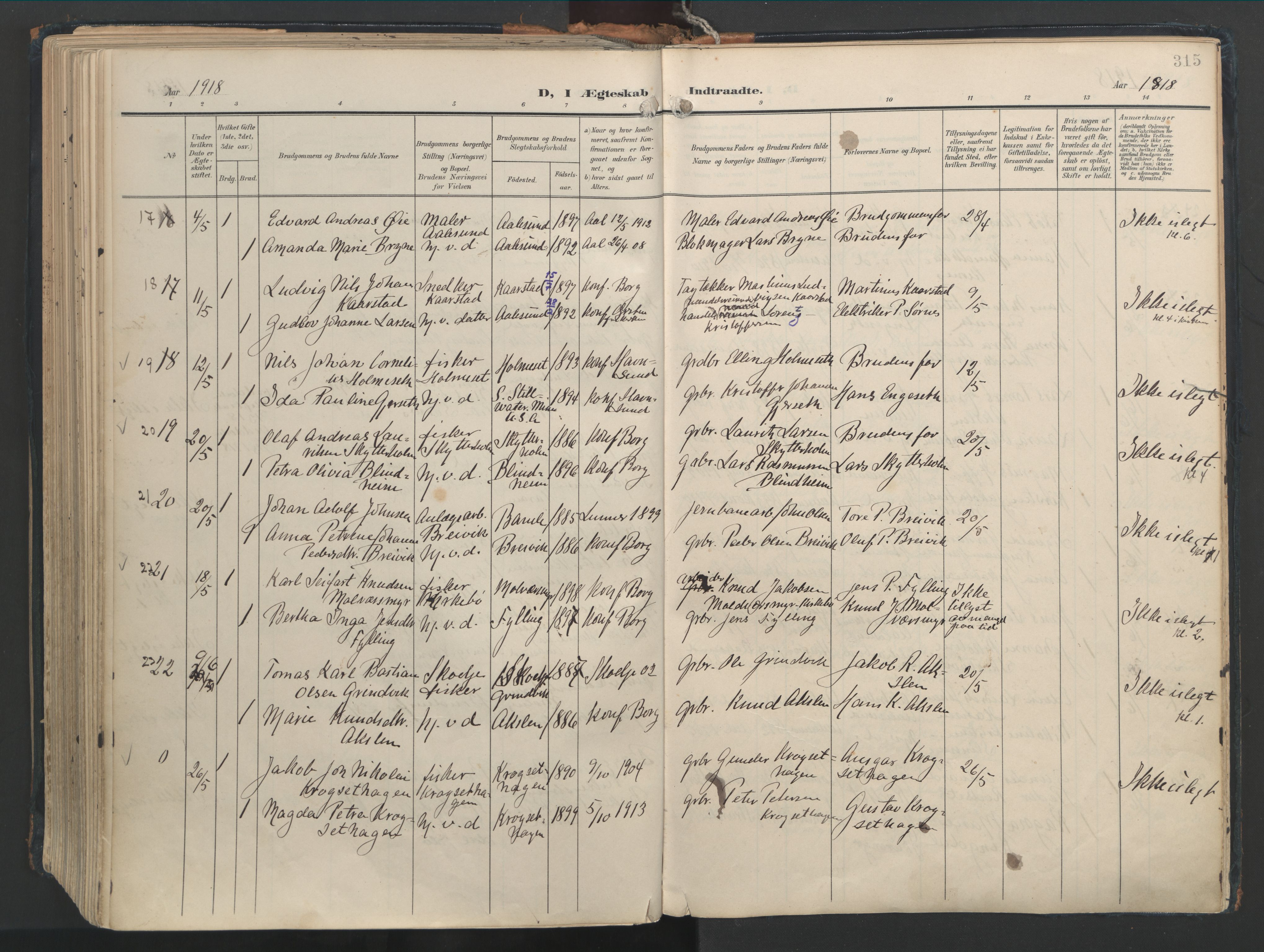 Ministerialprotokoller, klokkerbøker og fødselsregistre - Møre og Romsdal, AV/SAT-A-1454/528/L0411: Parish register (official) no. 528A20, 1907-1920, p. 315