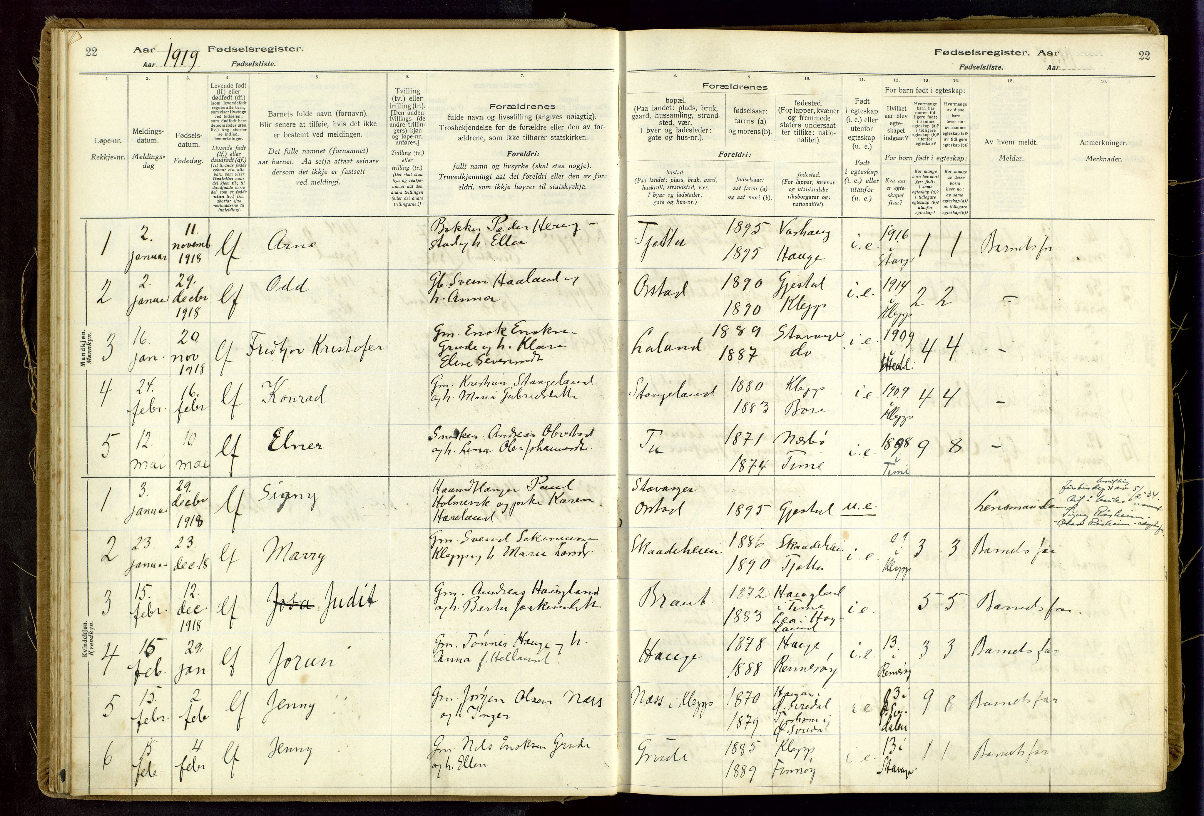 Klepp sokneprestkontor, SAST/A-101803/001/704BAA/L0001: Birth register no. 1, 1916-1948, p. 22
