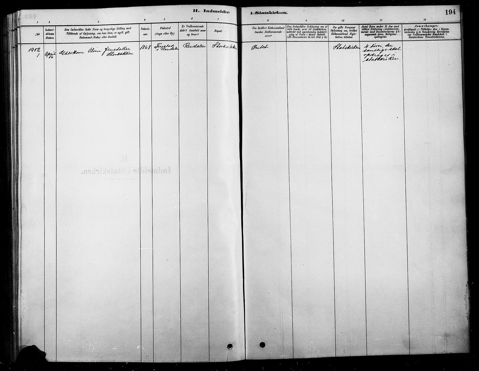 Tolga prestekontor, SAH/PREST-062/L/L0007: Parish register (copy) no. 7, 1878-1919, p. 194
