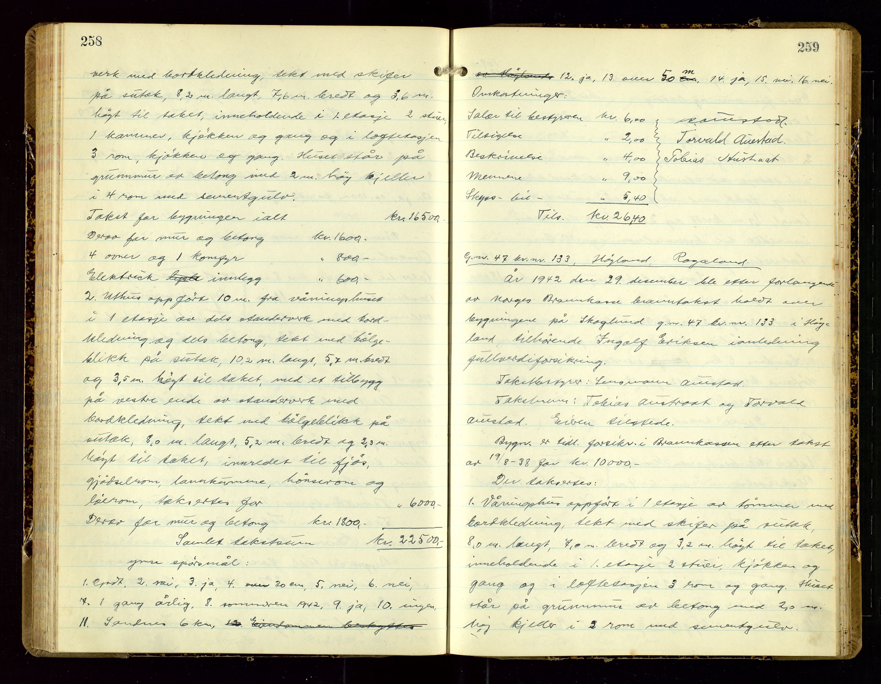 Høyland/Sandnes lensmannskontor, AV/SAST-A-100166/Goa/L0007: "Branntakstprotokoll", 1942-1943, p. 258-259