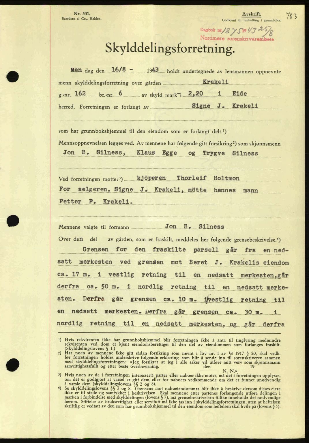 Nordmøre sorenskriveri, AV/SAT-A-4132/1/2/2Ca: Mortgage book no. A95, 1943-1943, Diary no: : 1875/1943