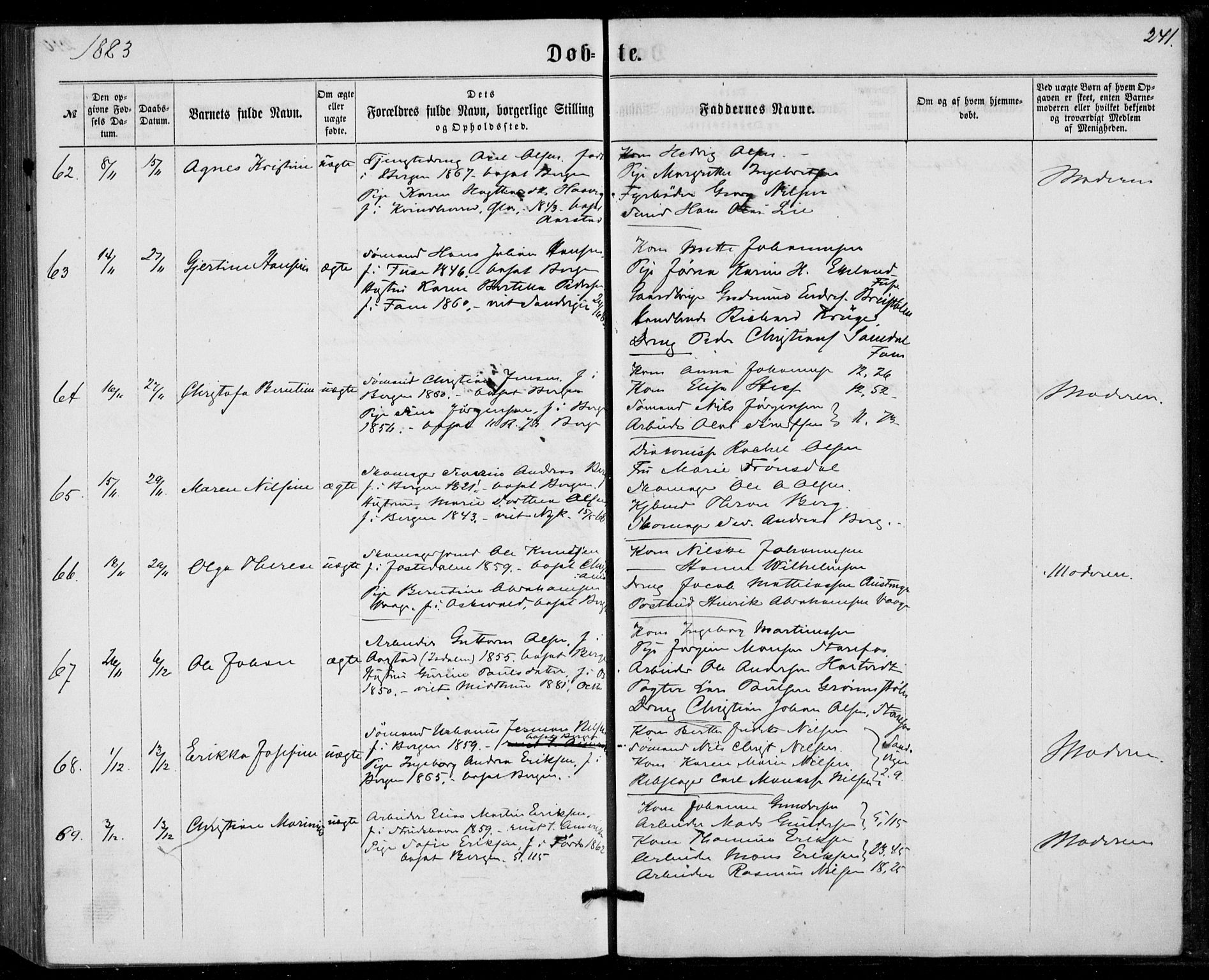 Fødselsstiftelsens sokneprestembete, ført av overlegen*, SAB/-: Parish register (official) no. A 1, 1863-1883, p. 241