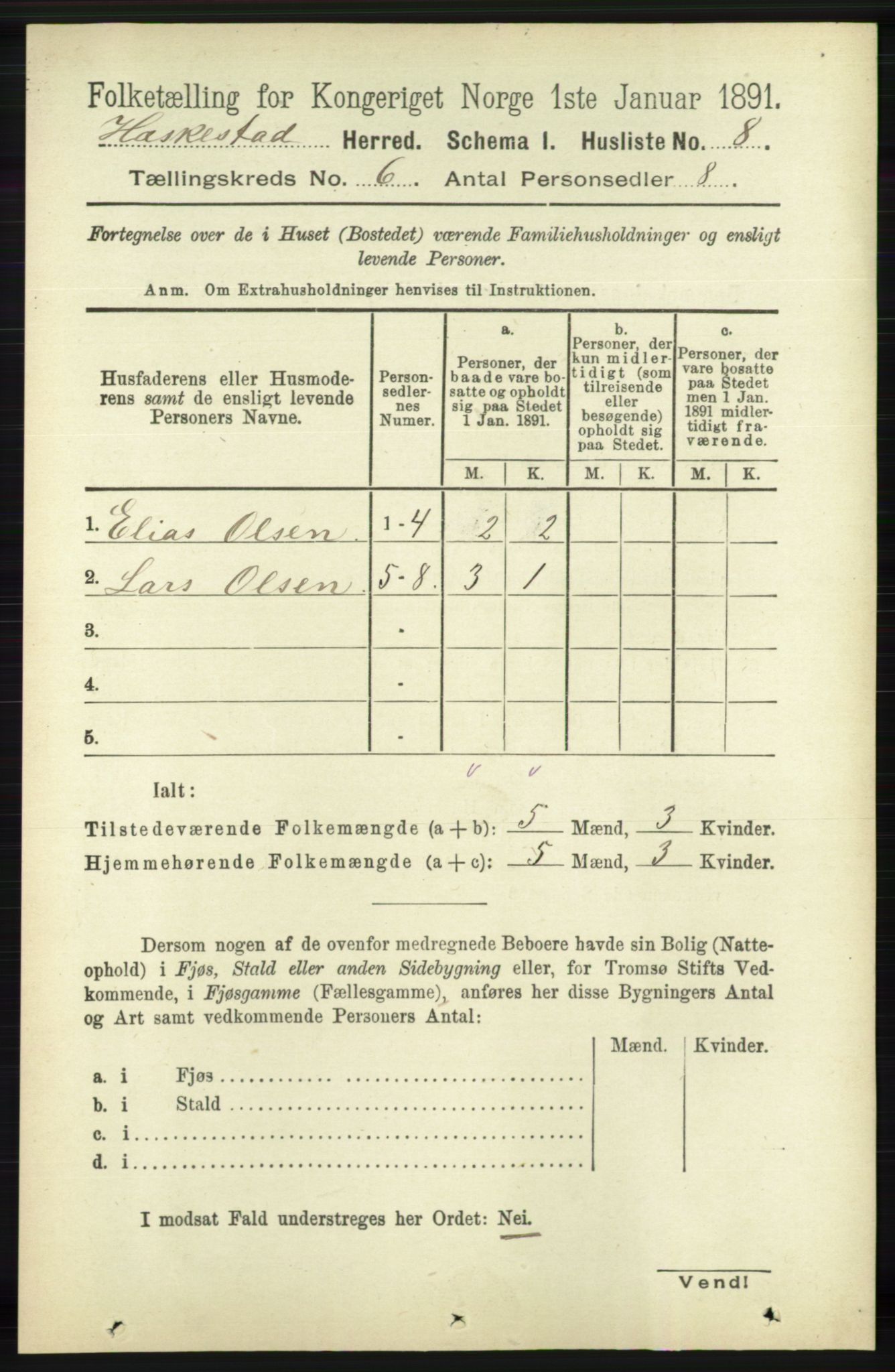 RA, 1891 census for 1113 Heskestad, 1891, p. 1001