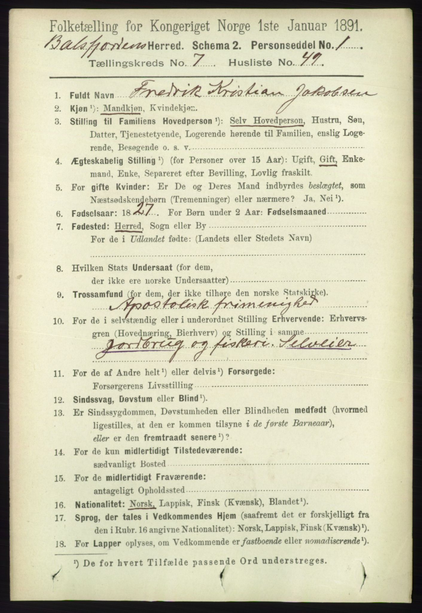 RA, 1891 census for 1933 Balsfjord, 1891, p. 2359