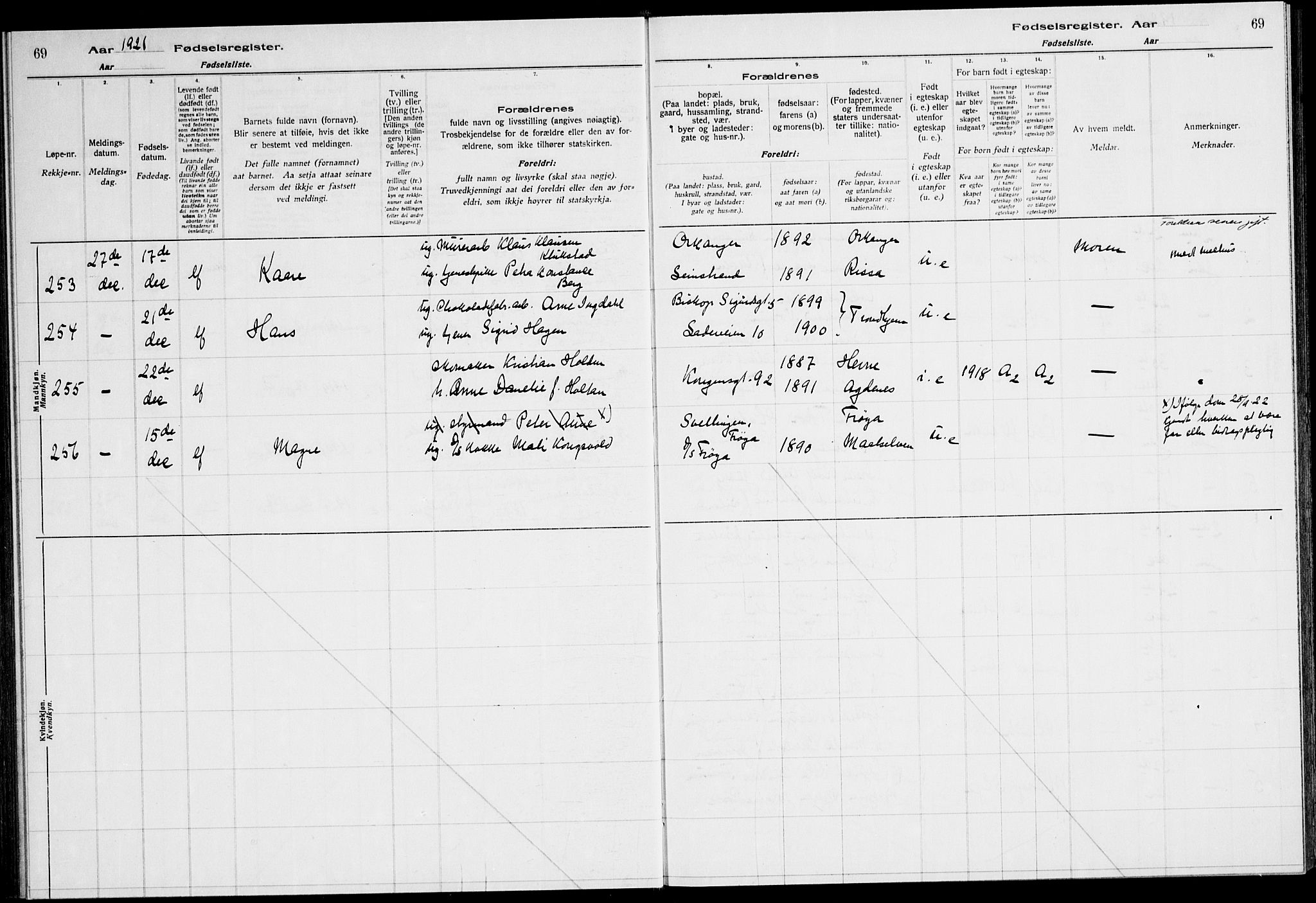 Ministerialprotokoller, klokkerbøker og fødselsregistre - Sør-Trøndelag, SAT/A-1456/600/L0003: Birth register no. 600.II.4.2, 1920-1924, p. 69