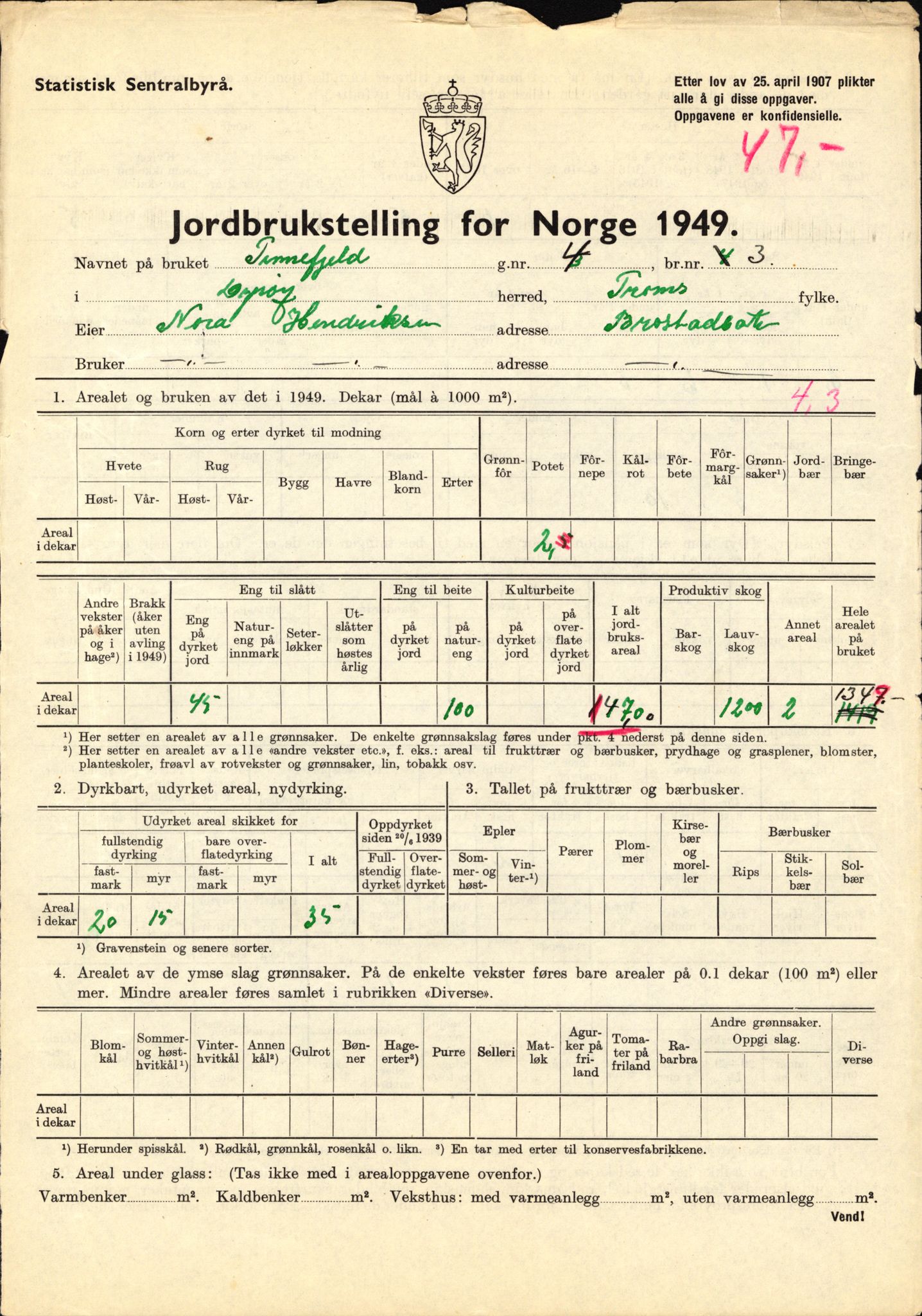 Statistisk sentralbyrå, Næringsøkonomiske emner, Jordbruk, skogbruk, jakt, fiske og fangst, AV/RA-S-2234/G/Gc/L0440: Troms: Sørreisa og Dyrøy, 1949, p. 1622