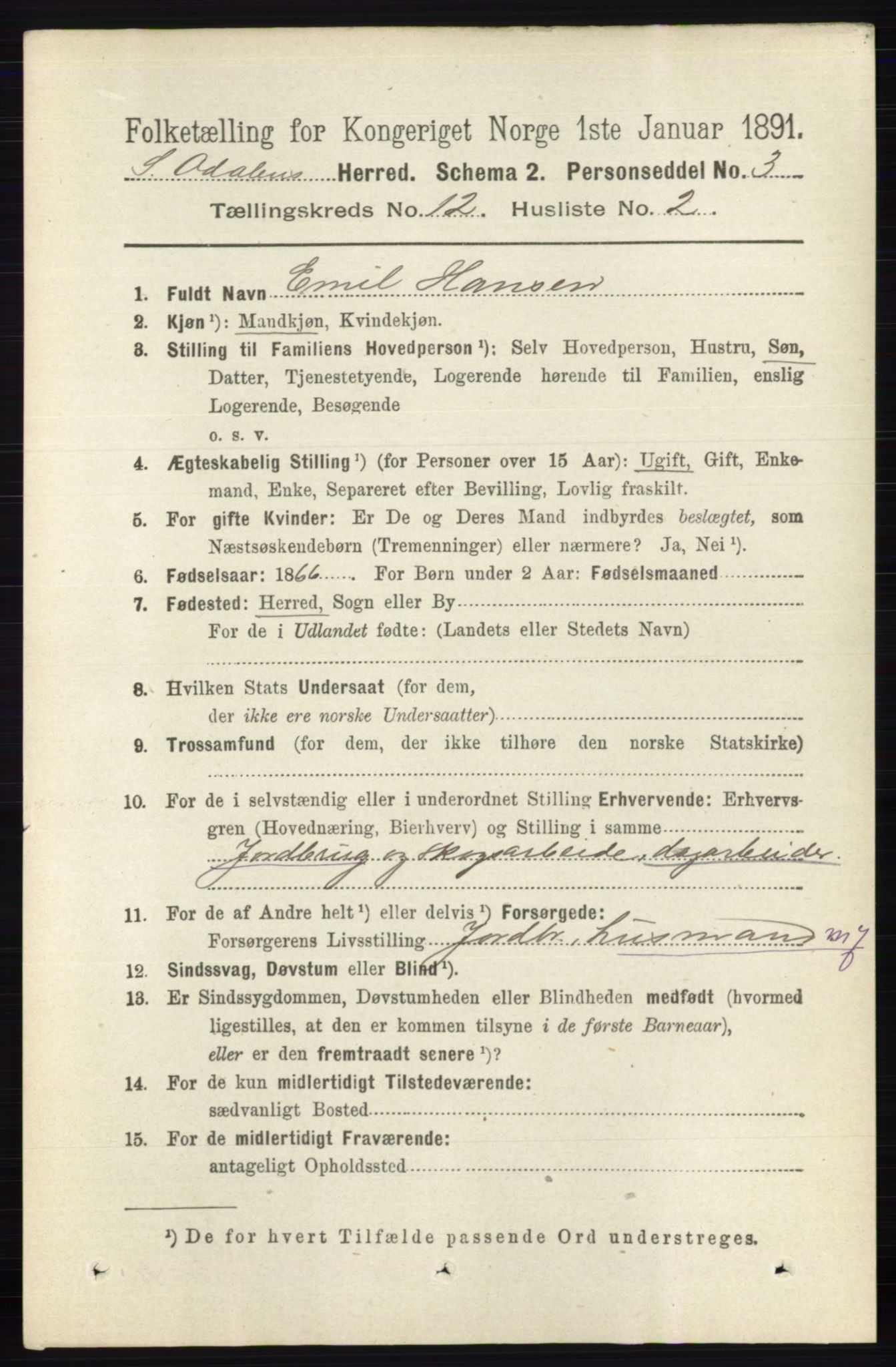 RA, 1891 census for 0419 Sør-Odal, 1891, p. 5396