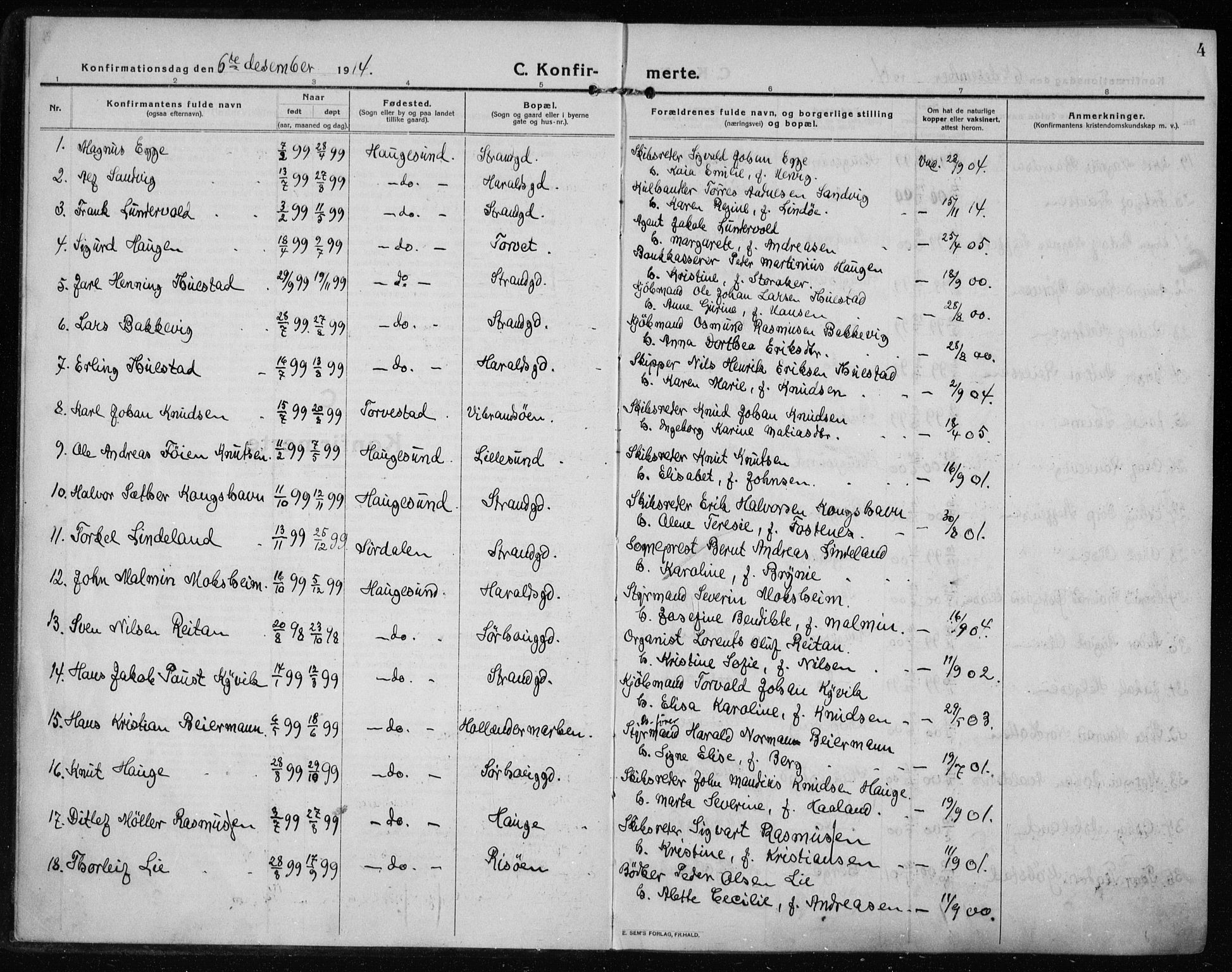 Haugesund sokneprestkontor, AV/SAST-A -101863/H/Ha/Haa/L0009: Parish register (official) no. A 9, 1914-1929, p. 4