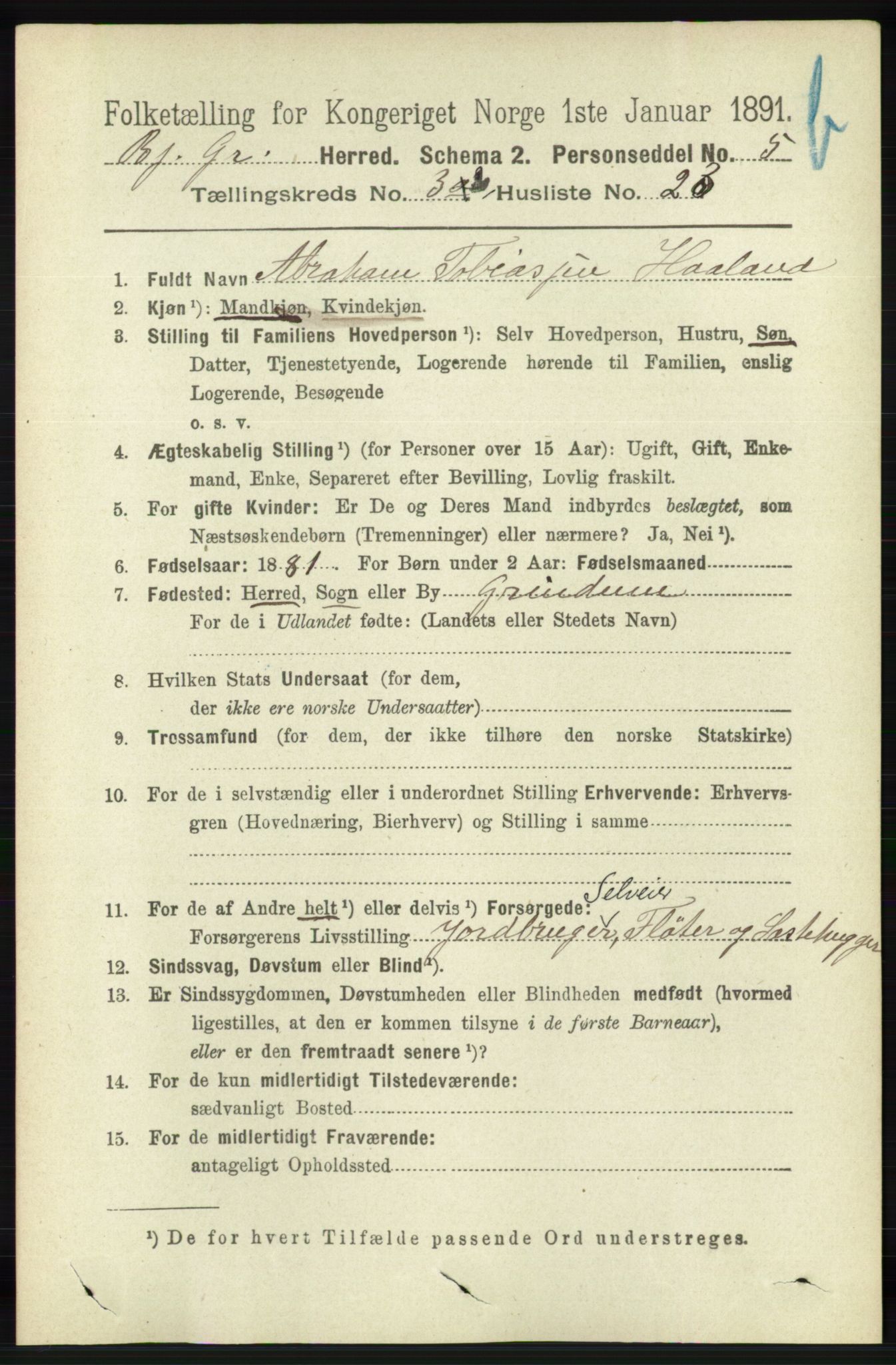 RA, 1891 census for 1024 Bjelland og Grindheim, 1891, p. 1916