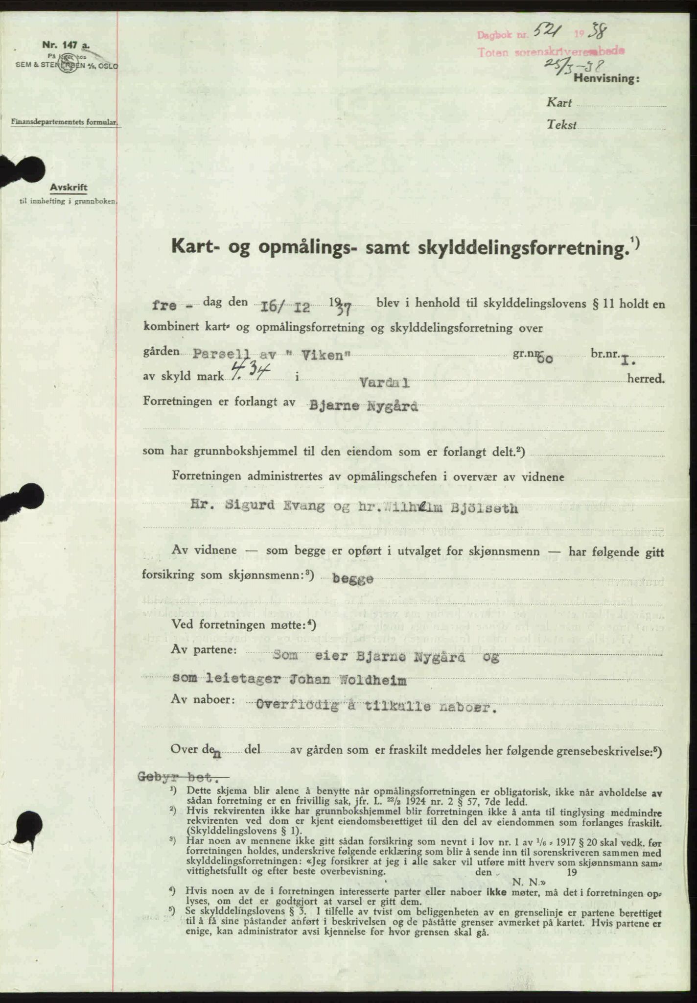 Toten tingrett, SAH/TING-006/H/Hb/Hbc/L0003: Mortgage book no. Hbc-03, 1937-1938, Diary no: : 521/1938