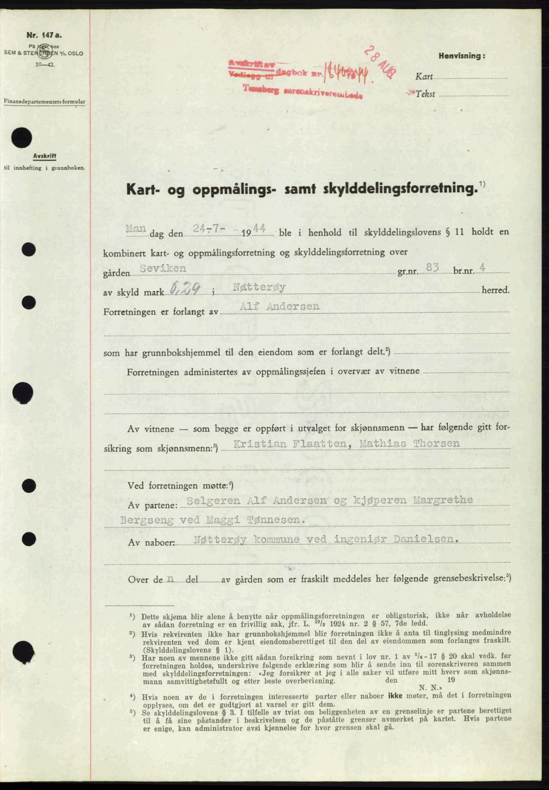 Tønsberg sorenskriveri, AV/SAKO-A-130/G/Ga/Gaa/L0015: Mortgage book no. A15, 1944-1944, Diary no: : 1840/1944