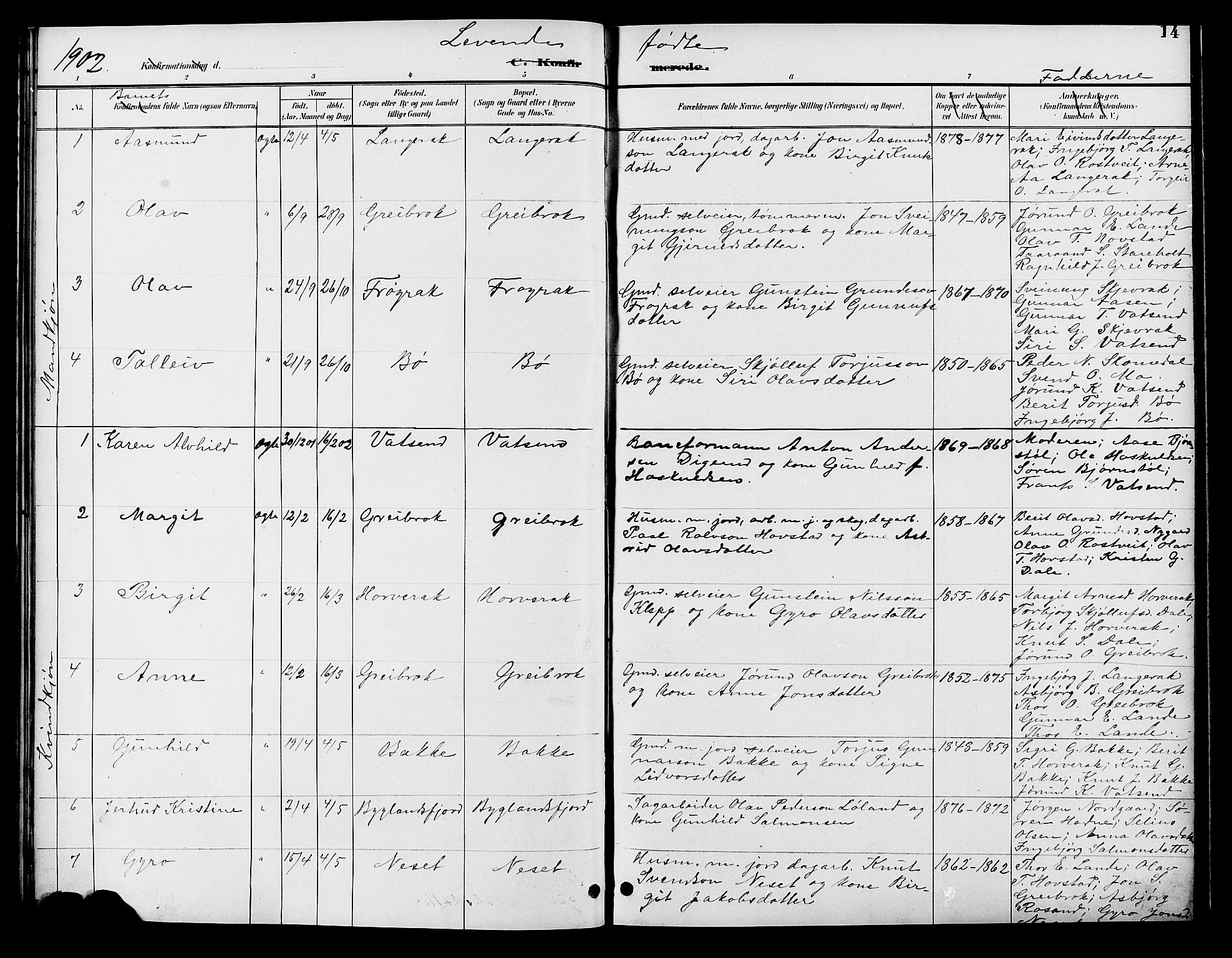 Bygland sokneprestkontor, AV/SAK-1111-0006/F/Fb/Fbd/L0002: Parish register (copy) no. B 2, 1894-1909, p. 14